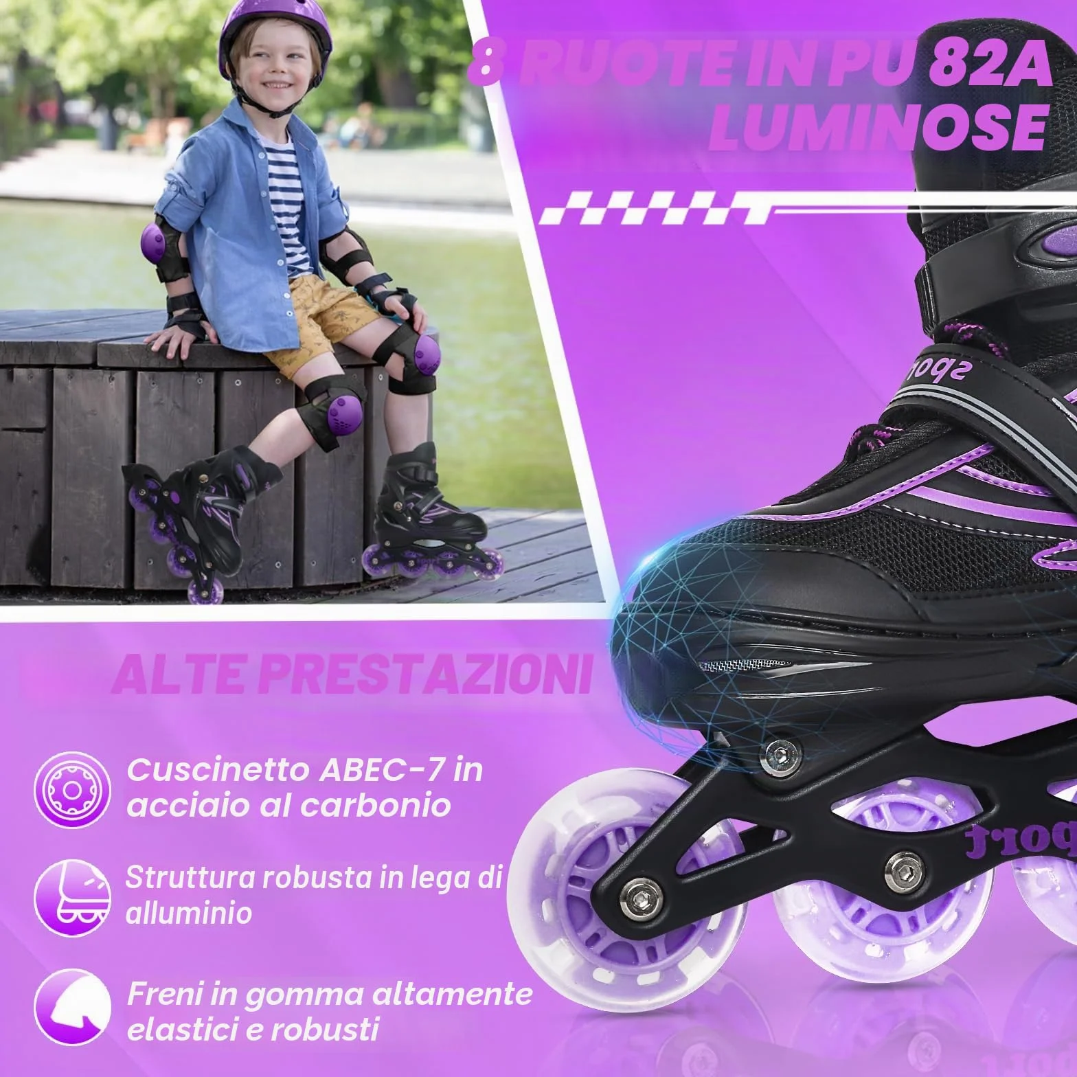 Pattini in linea regolabili per bambini ragazze ragazzi principianti, Pattini a rotelle per bambino e adolescente per lo sport viola e blu