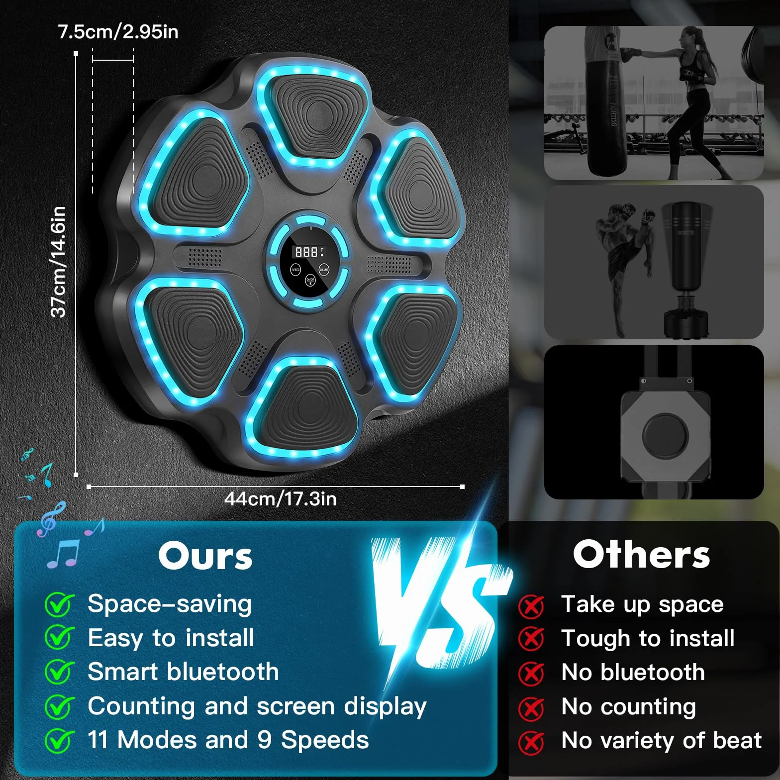 WYRIAZA Macchina da Boxe Musicale, Music Boxing Machine con Bluetooth da Parete con Guantoni da Boxe, Beatpunch Machine de Boxe Musicale Pugile a LED con 11 modalità e 9 velocità