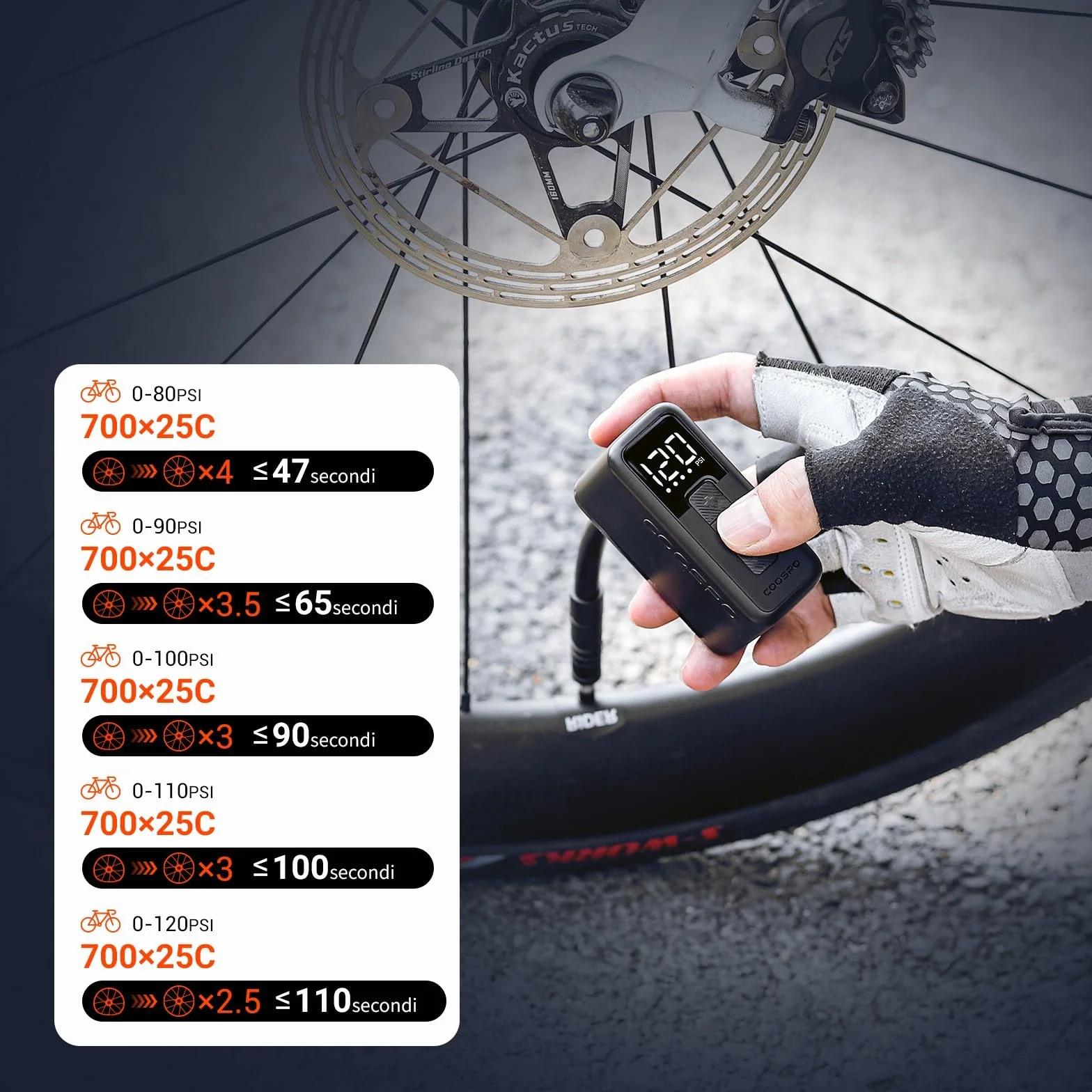 COOSPO X1 Mini pompa elettrica per bicicletta con manometro 120 PSI compressore compatto