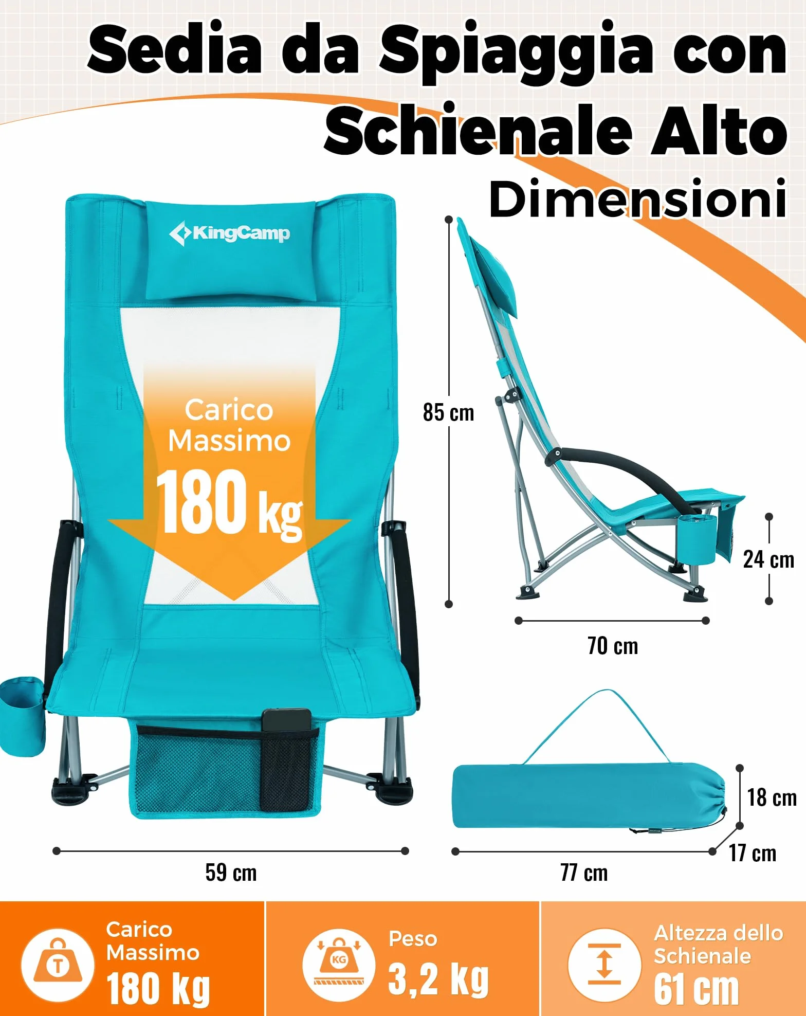KingCamp Set di 2 Sedie da Spiaggia Pieghevoli Portata 180kg Cuscino Imbottibile Ciano