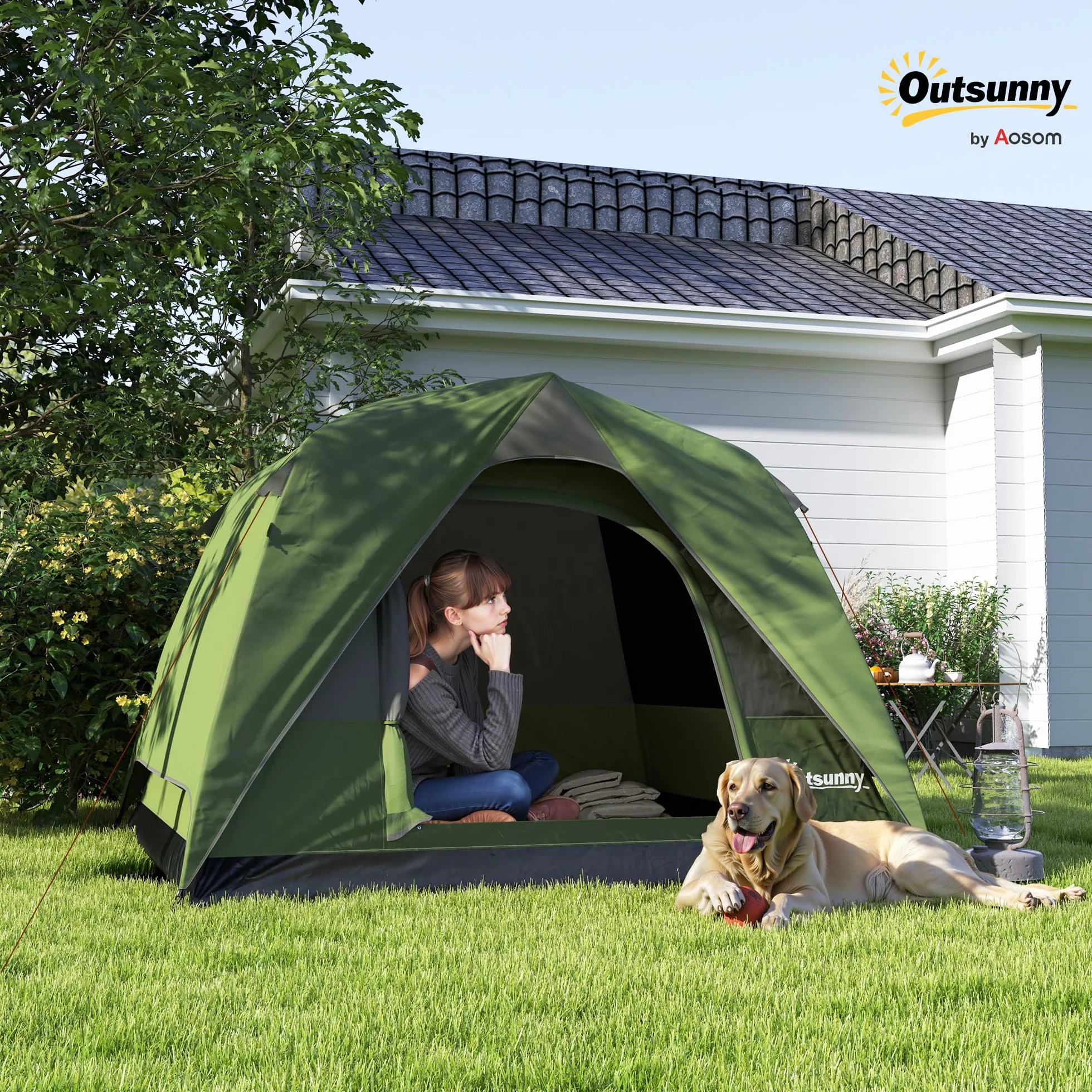 Outsunny Tenda da Campeggio 3 Persone Impermeabile 3000mm a Cupola con Pavimento