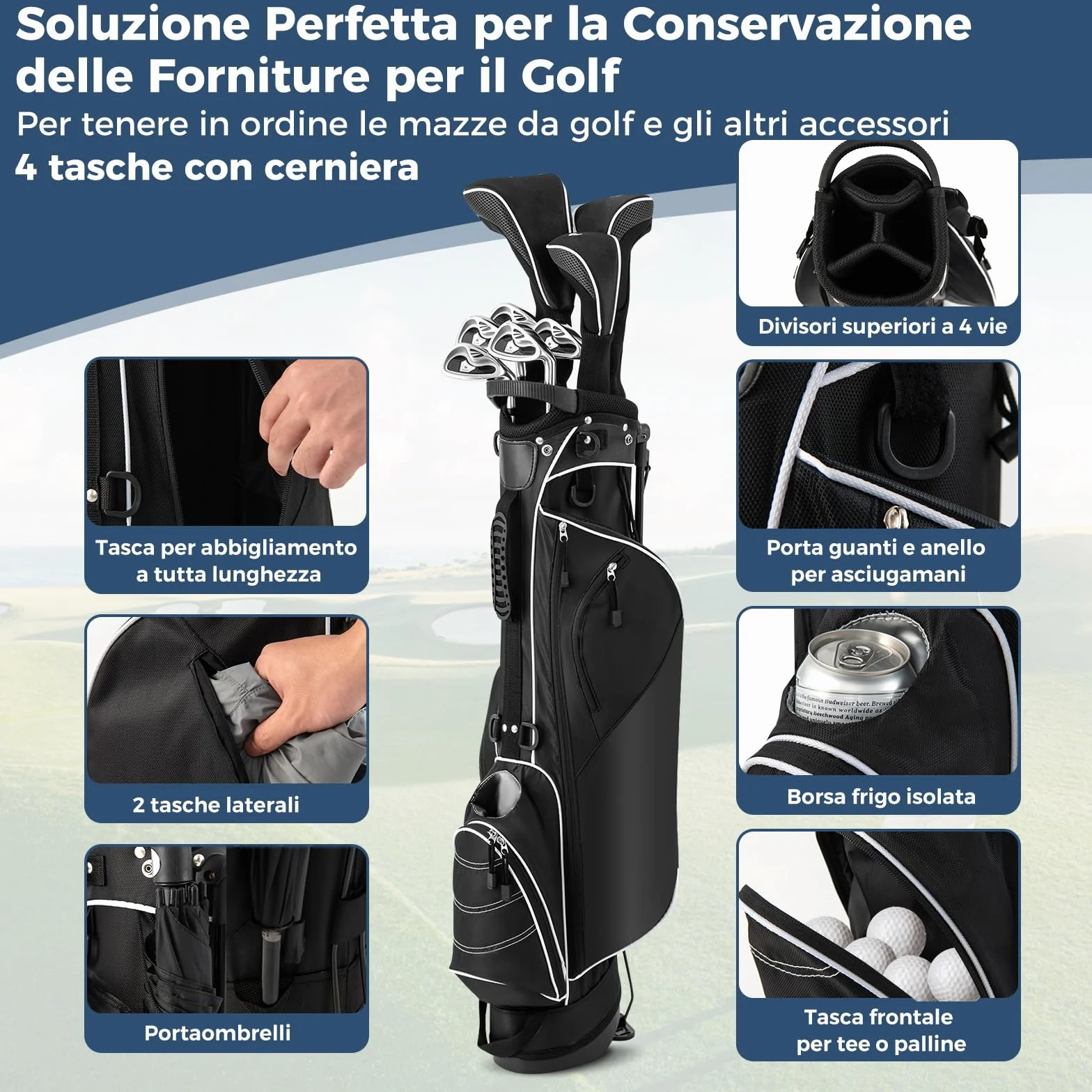 COSTWAY Sacca da Golf con Supporto, Borsa a 4 Scomparti con 4 Tasche, Borsa Frigo, Tracolla Doppia, Cappuccio Antipioggia