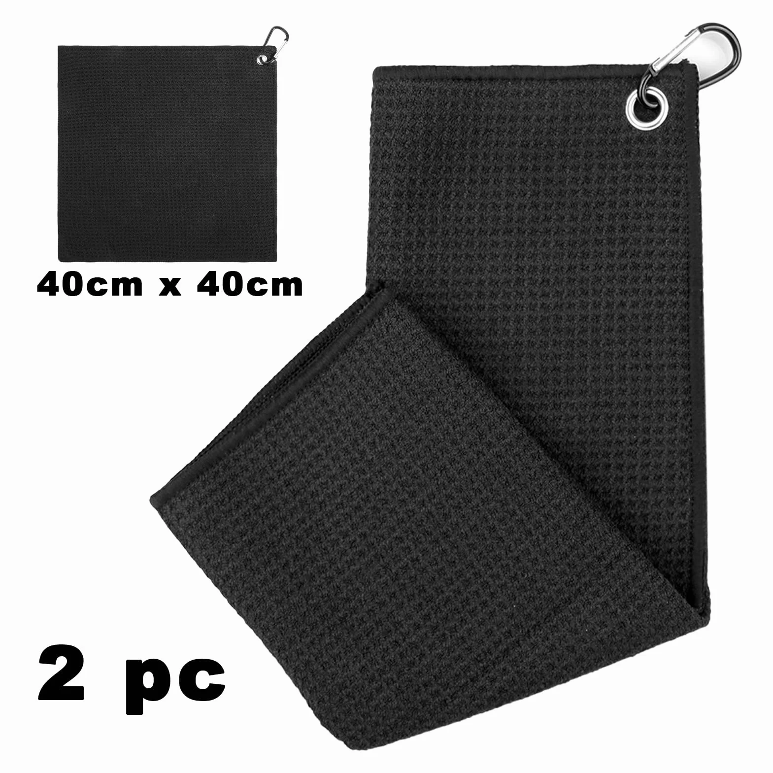 Asciugamano da Golf in Microfibra 2 Pezzi 40x40cm Nero con Moschettone