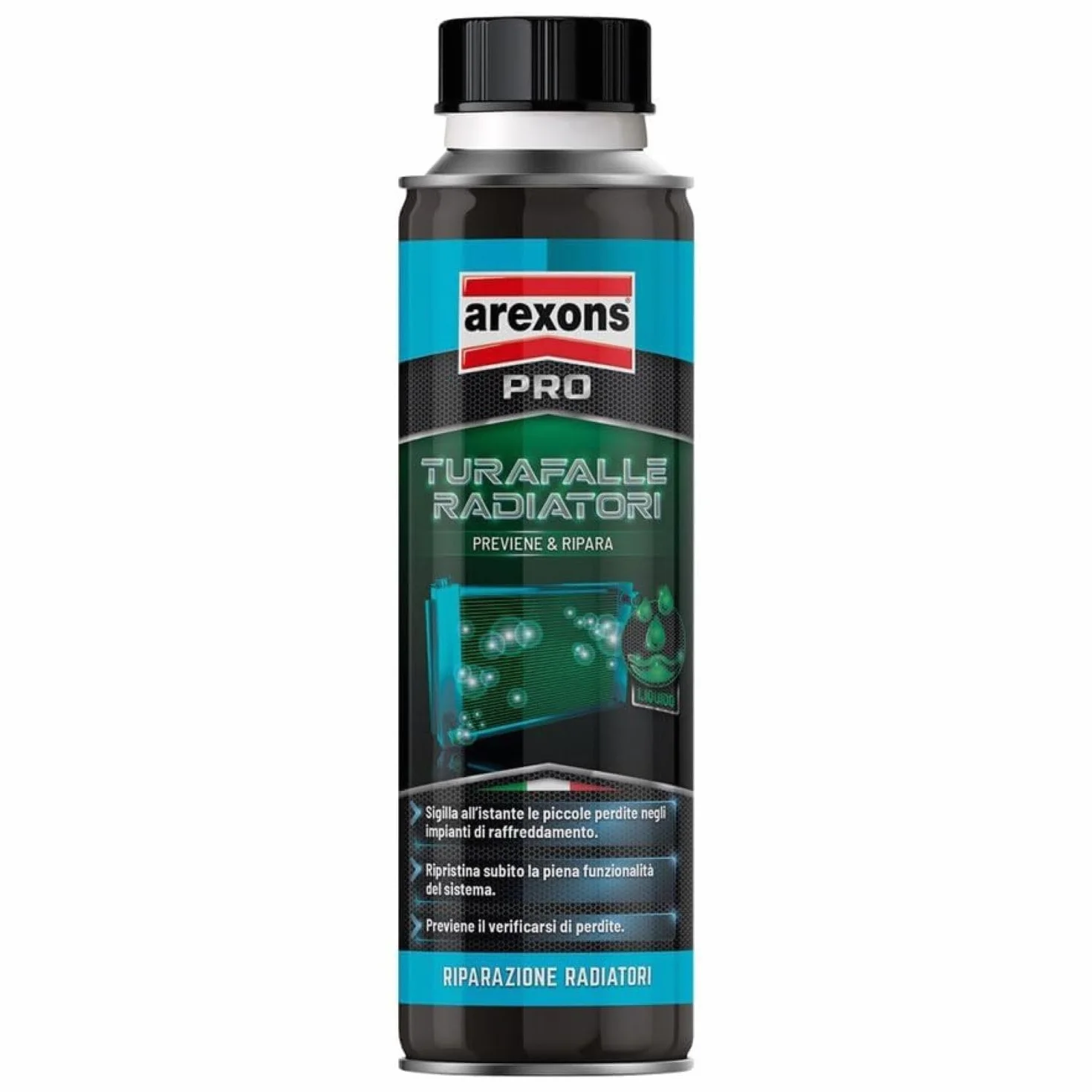 AREXONS TURAFALLE LIQUIDO PER RADIATORI 300 ml, Turafalle radiatore auto sigilla perdite radiatore, turafalle per radiatori, azione preventiva, Glitech anti corrosione, Monodose, facile da usare