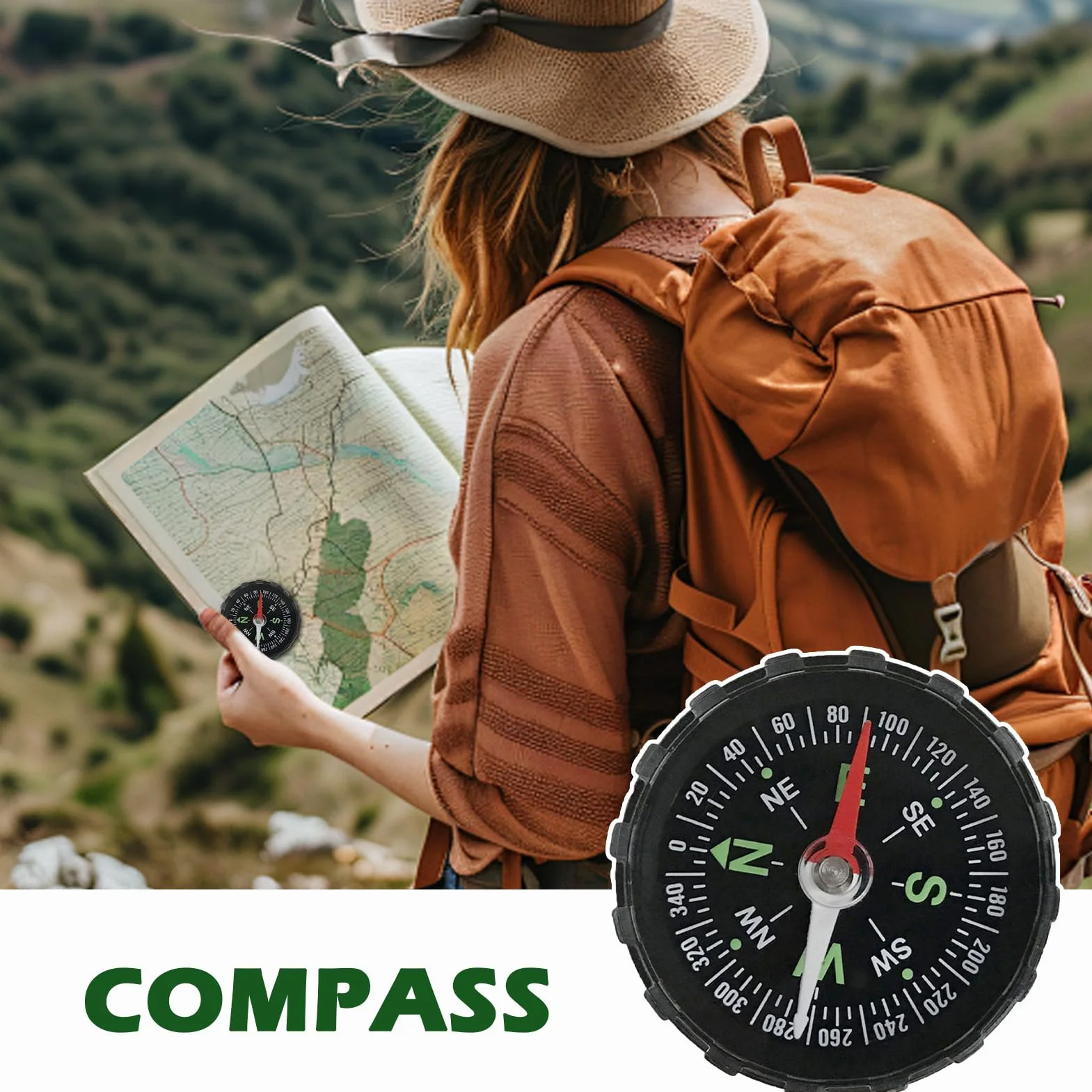 Bussola da trekking impermeabile luminescente con lente d'ingrandimento