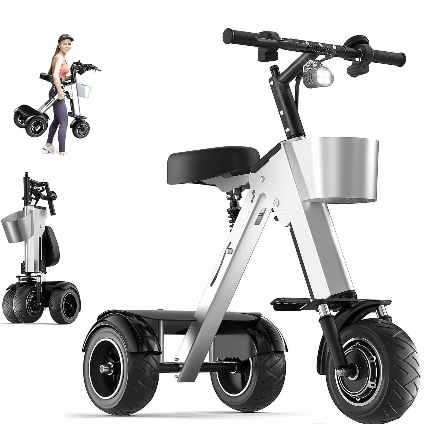 Scooter Elettrico Pieghevole per Adulti, Triciclo Elettrico Portatile e Leggero con Batteria Rimovibile 36 V 7,8 Ah, Interruttore di retromarcia e Chiave,ausilio per la Mobilità da Viaggio