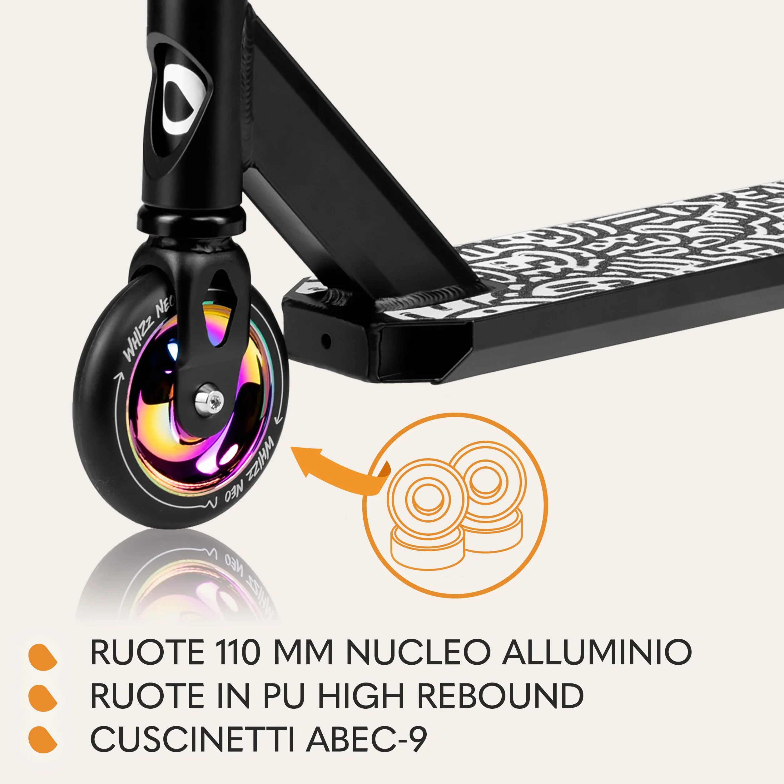 LIONELO Whizz Hoverboard Stunt Scooter Freestyle ABEC-9 Aluminium Deck HIC Compression 110mm Wheels T-Bar Handlebar Flex Fender Brake Steel Neon