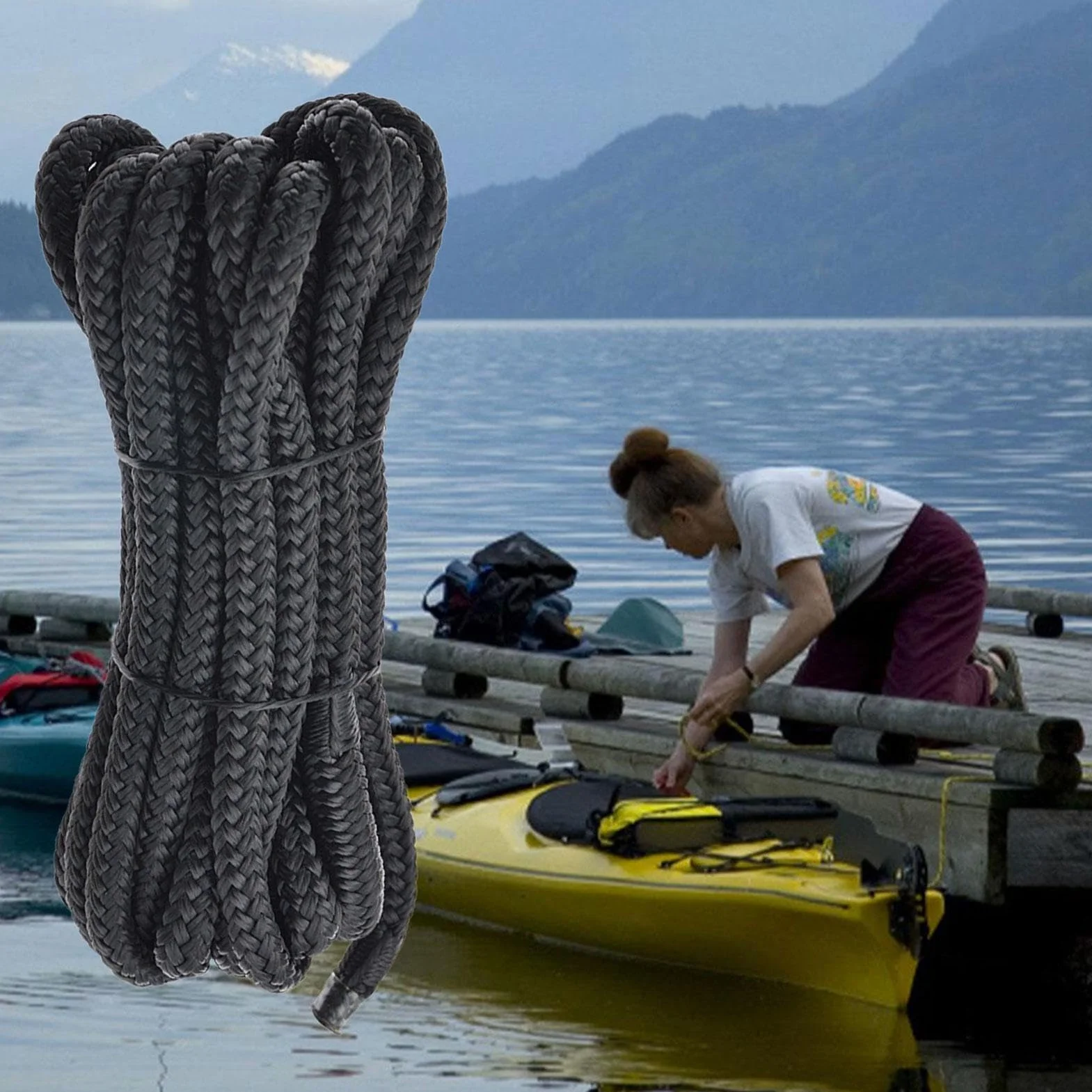 Cime da ormeggio per barca con occhiello Nylon Doppia Treccia Alta Resistenza - Funi per Tubi, Pontili, Traino, Spiaggia, Sci Nautico