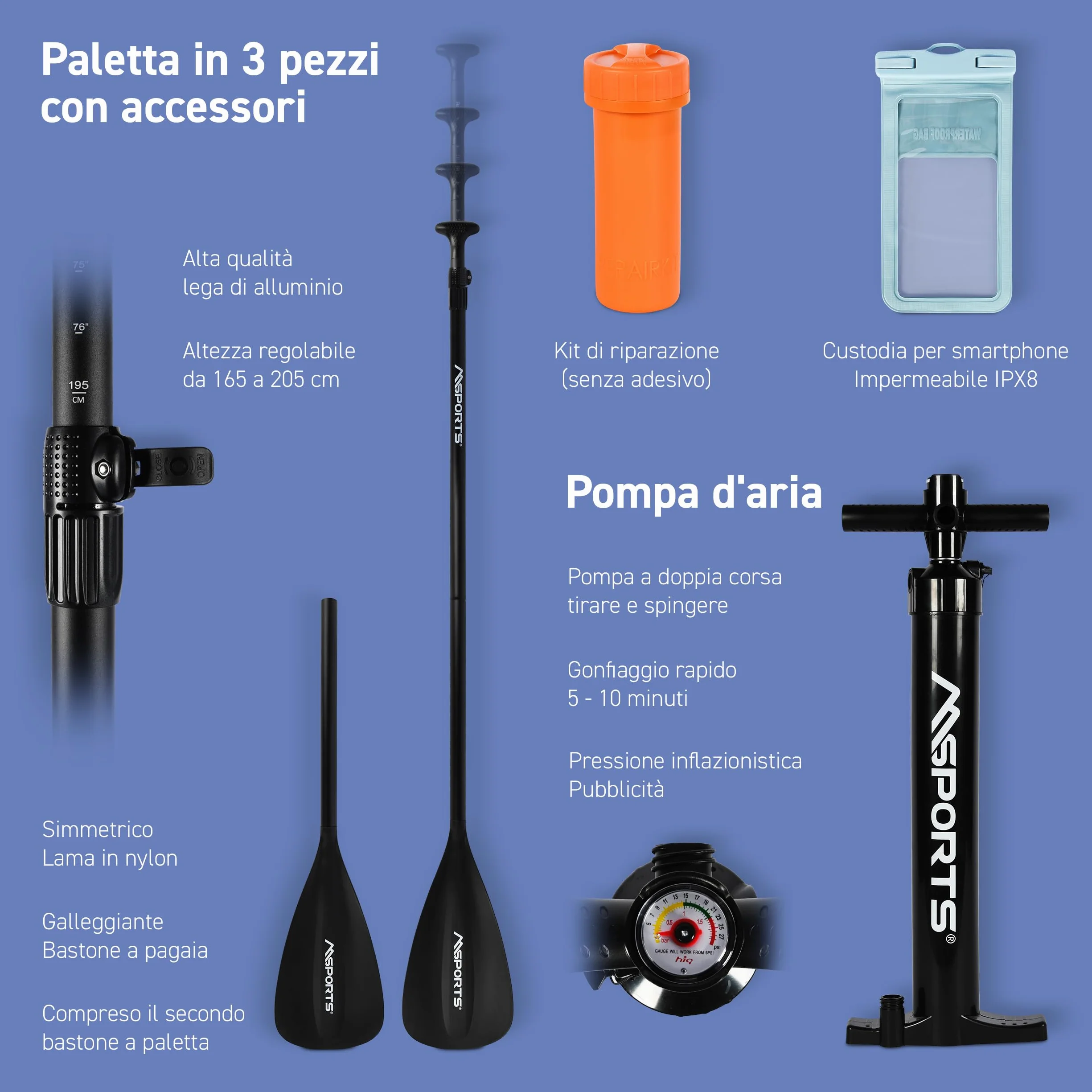 MSPORTS Stand Up Paddle Board gonfiabile completo paddleboard accessori pagaia regolabile, pompa di alta qualità + 2 bastoncini + custodia impermeabile per smartphone + borsa multifunzione