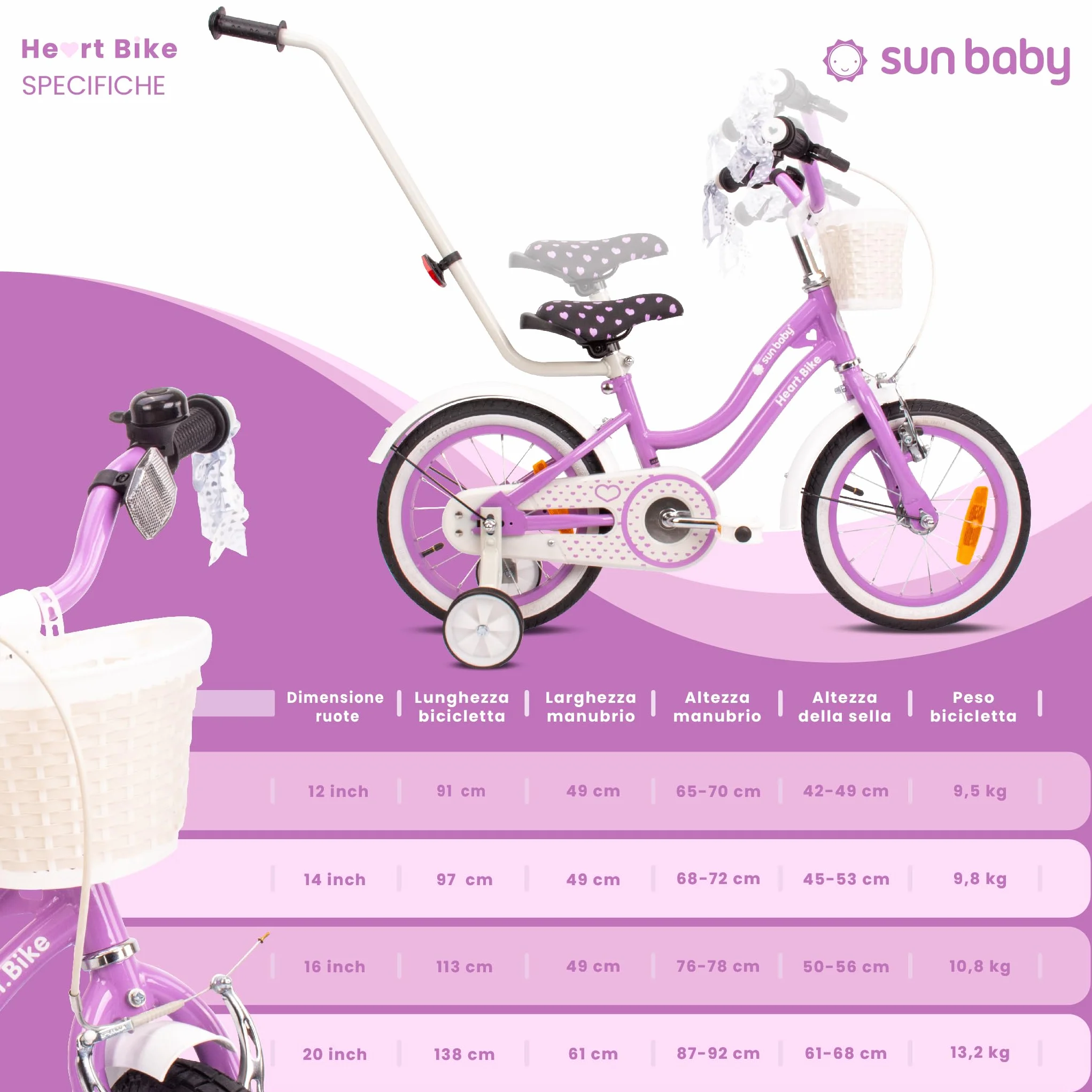 Sun Baby Heart Bike Bicicletta bambina 12/14/16 pollici, bici con rotelle, barra di spinta, cestino, campanello