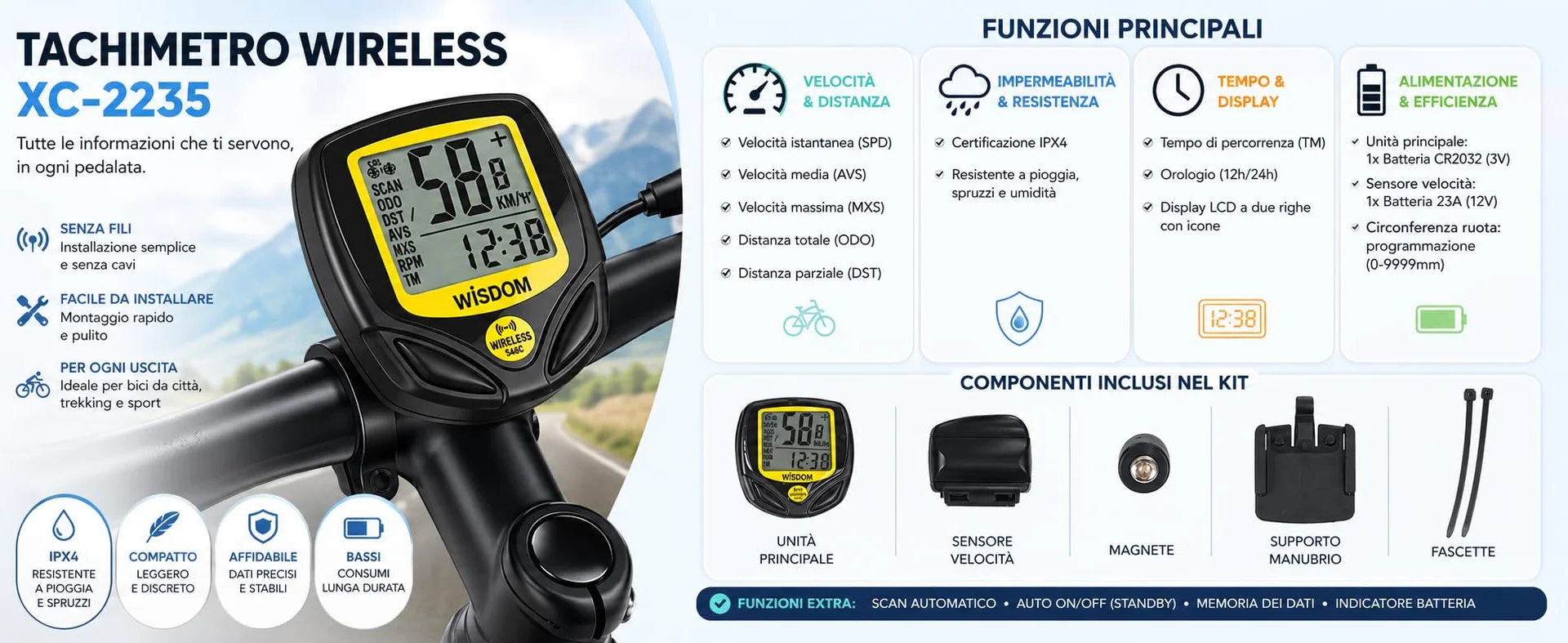 Ciclocomputer Wireless Bici con Display LCD, Tachimetro Digitale Impermeabile IPX4 per MTB Strada