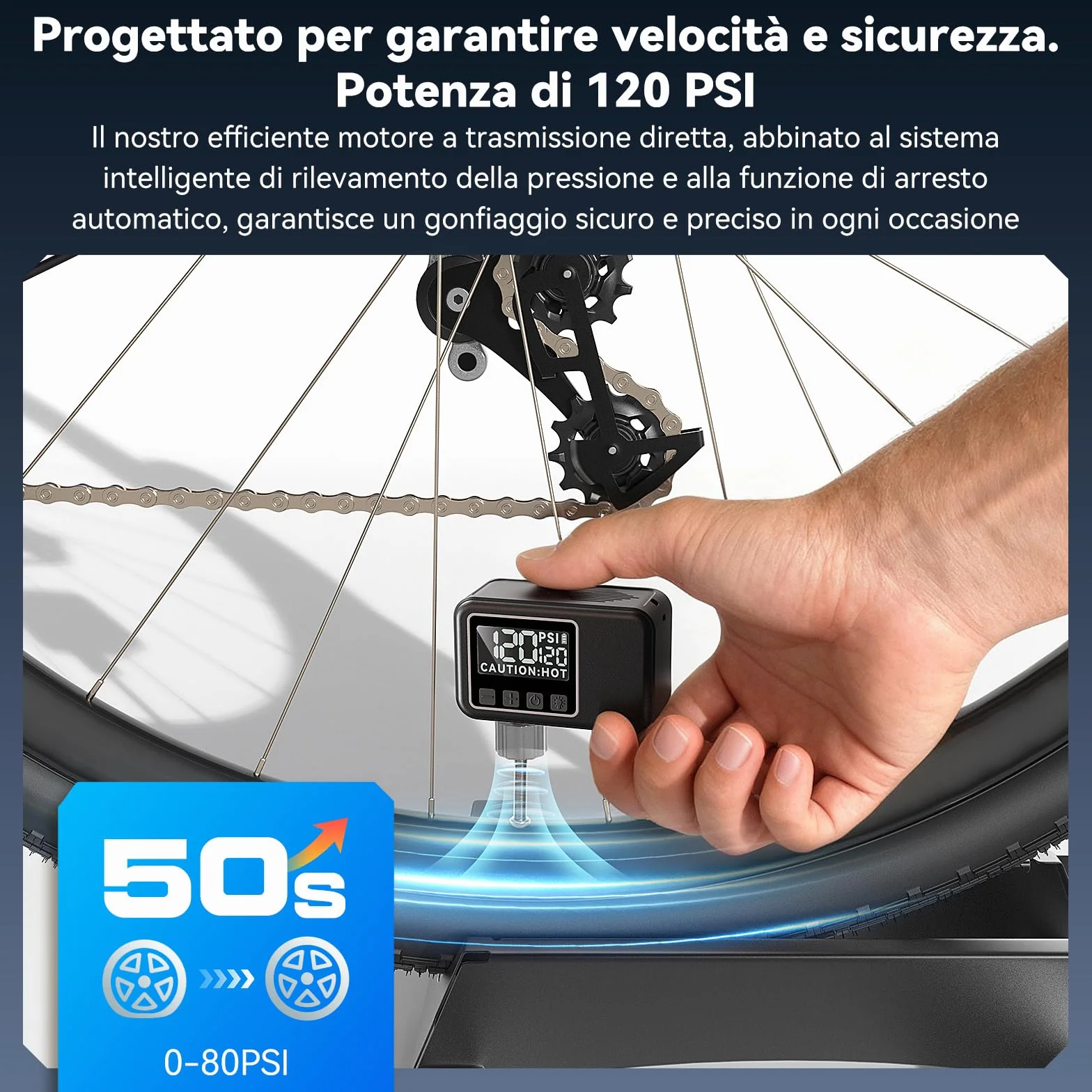 Mini Pompa Elettrica Bici Silenziosa 120 Psi Gonfiaggio Rapido 50s Compatibile Valvole Presta Schrader