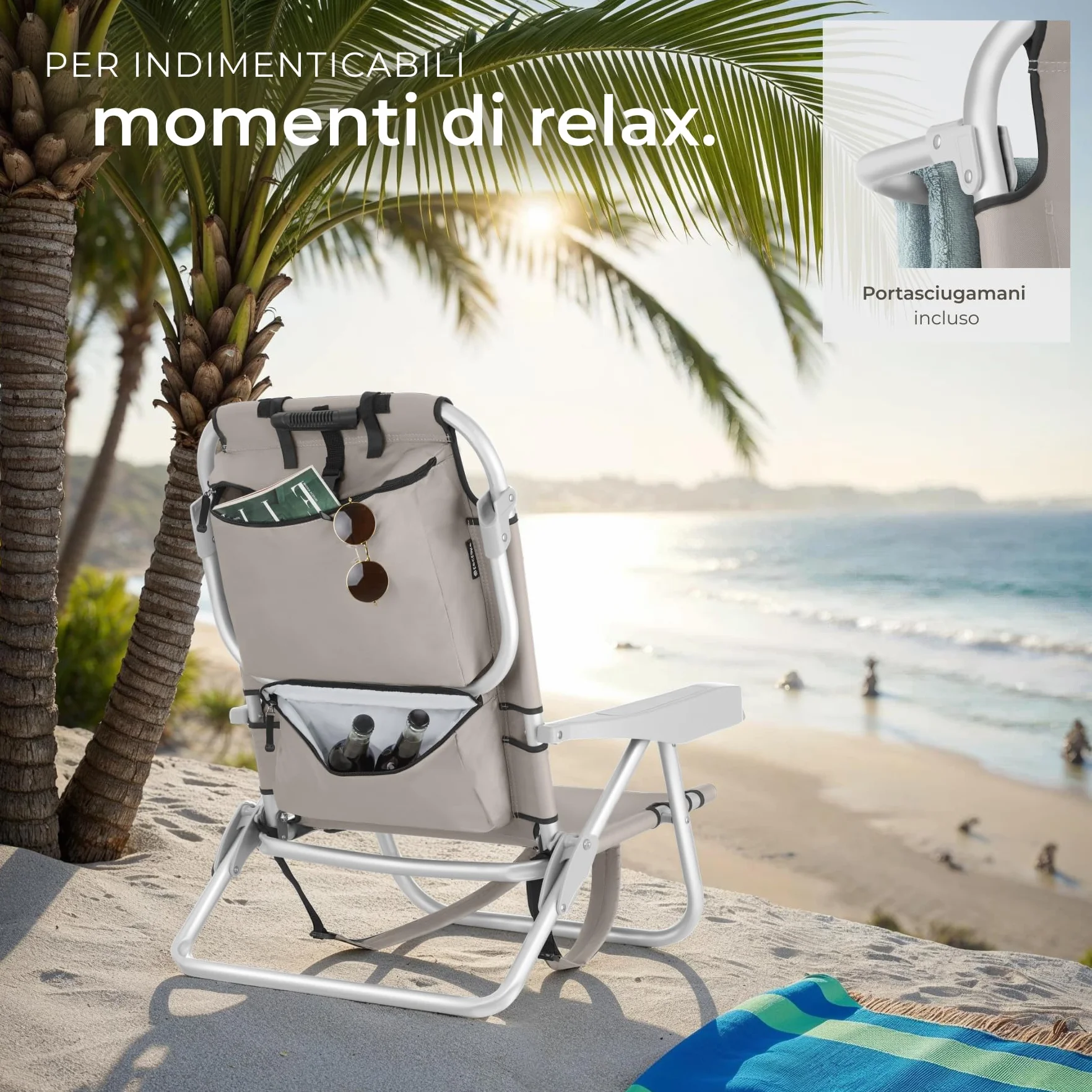 tectake® 2 Sedia da Spiaggia Pieghevole Funzione Zaino, Telaio Alluminio, Schienale Regolabile, Beige