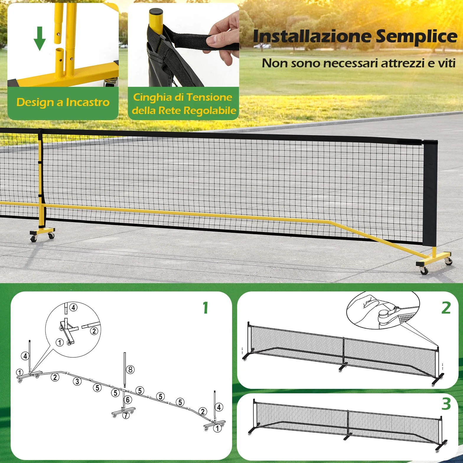 COSTWAY Rete Pickleball Portatile 6,7 m con Ruote, Telaio in Metallo e Borsa da Trasporto, per Badminton e Allenamento Multifunzionale