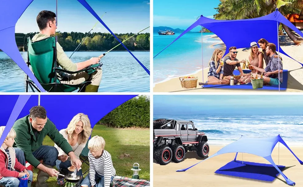 Tenda da spiaggia UPF50+, protezione UV, piccola tenda da sole per esterni, con 2 pali per campeggio, spiaggia, pesca, cortile e picnic