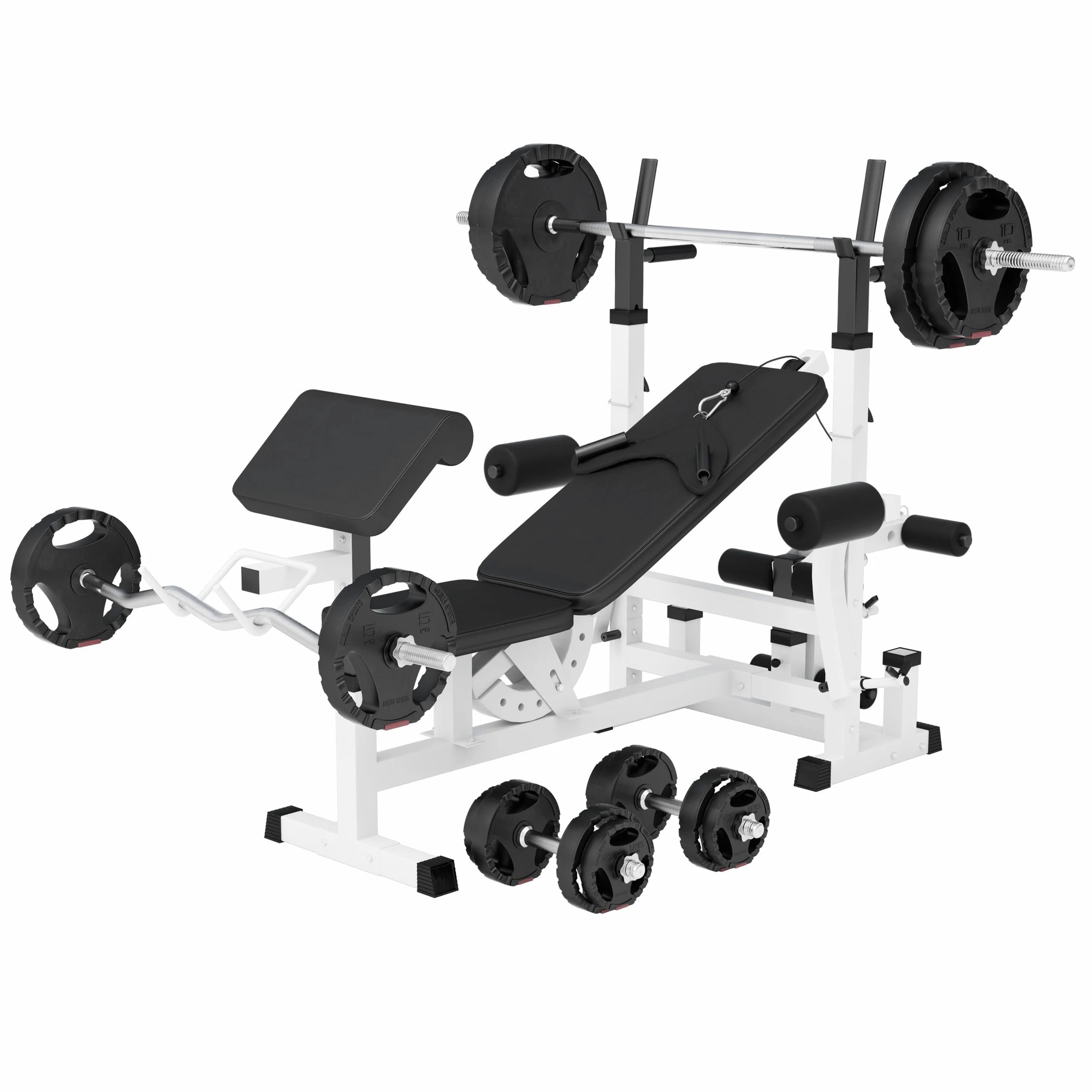GORILLA SPORTS® Panca Multifunzione - con Set di Pesi 100kg, Schienale Regolabile, Porta bilanciere, Stazione Butterfly, Carico Massimo 280kg, Bianco o Nero - Panca Pesi, Stazione Palestra, Fitness