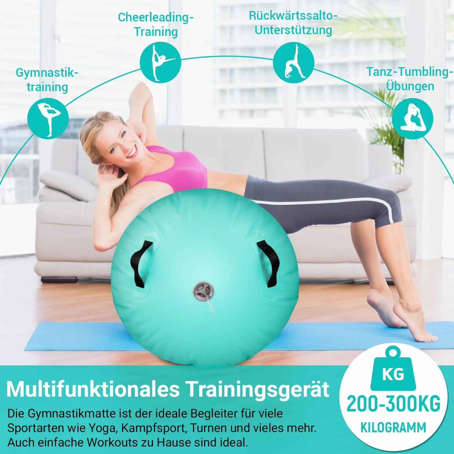 Skeufy Airtrack - Rotelle gonfiabili, cilindri per yoga, ginnastica, palestra, Air Barrel, colonna d'aria, tappetino sportivo per casa, attività all'aperto, fitness, verde, 100 x 60 cm