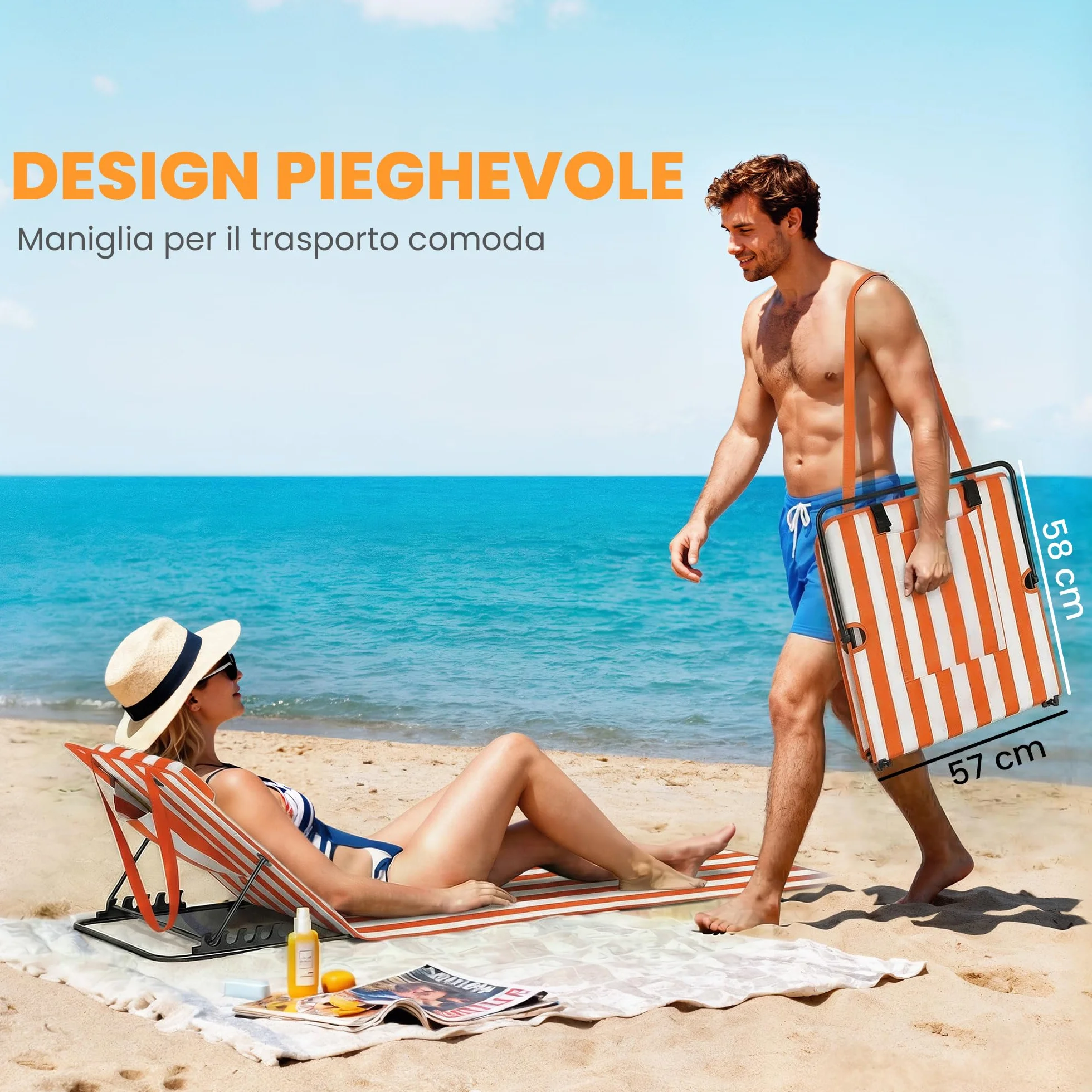 Outsunny Lettini da Spiaggia Pieghevoli Set 2, Schienale Regolabile 4 Livelli, Poggiatesta, Tasca Laterale, Arancione Bianco