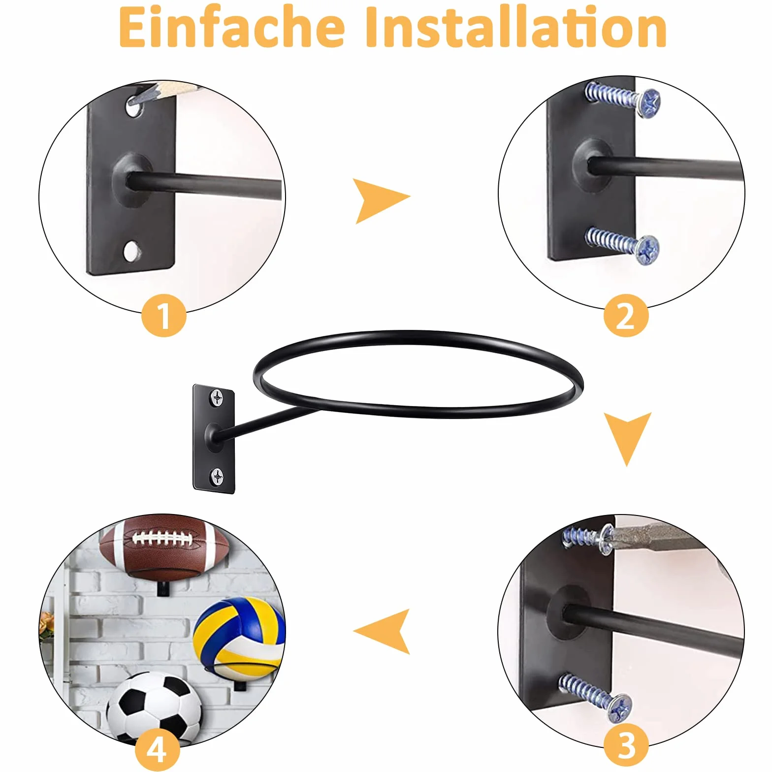 Supporti da Parete per Pallacanestro, Porta Palla da Basket Muro, 8 Pezzi, Nero