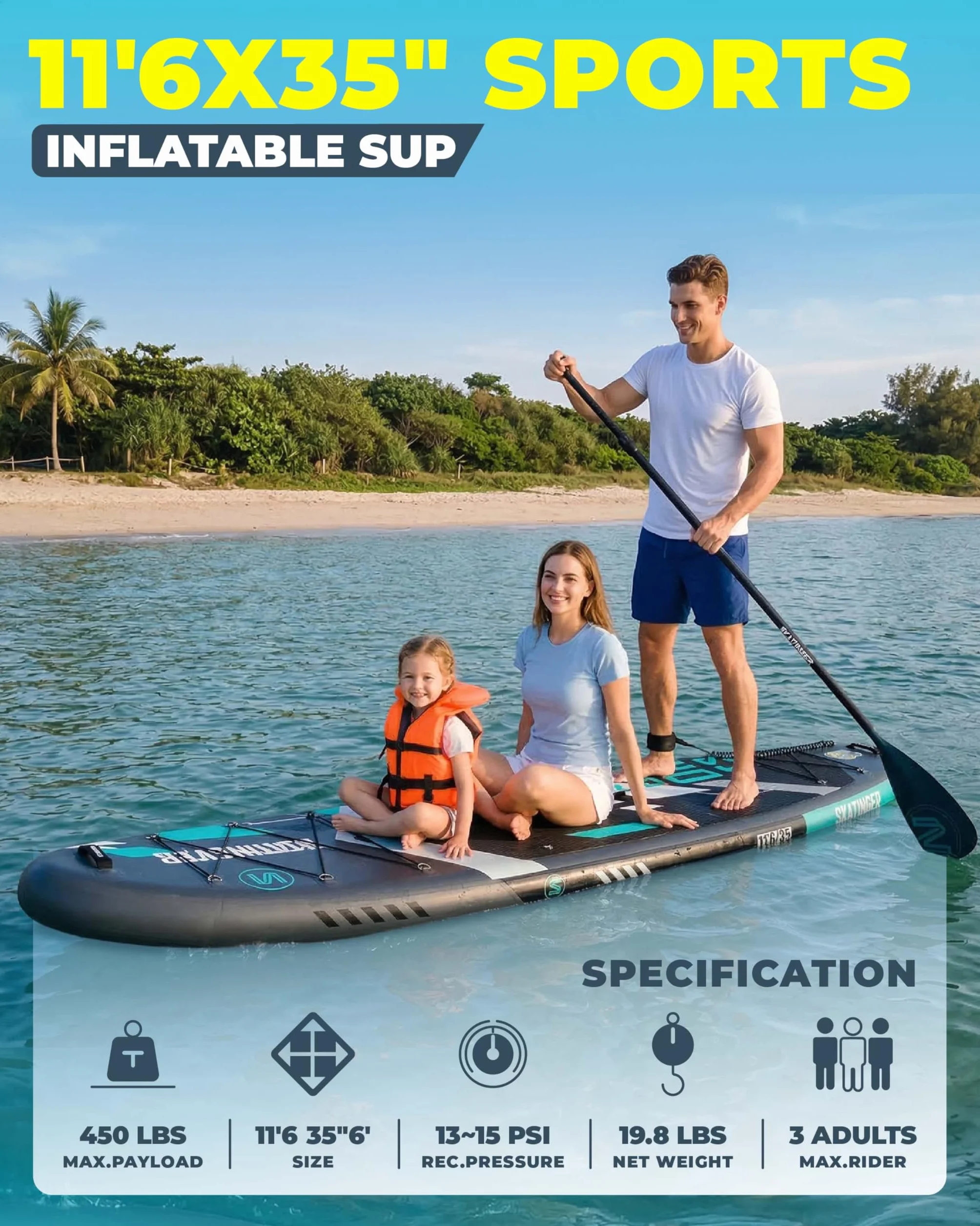 Skatinger Tavola da SUP gonfiabile 11'6 × 35" ultra stabile per 2+1 persone con zaino 100 l pinna americana