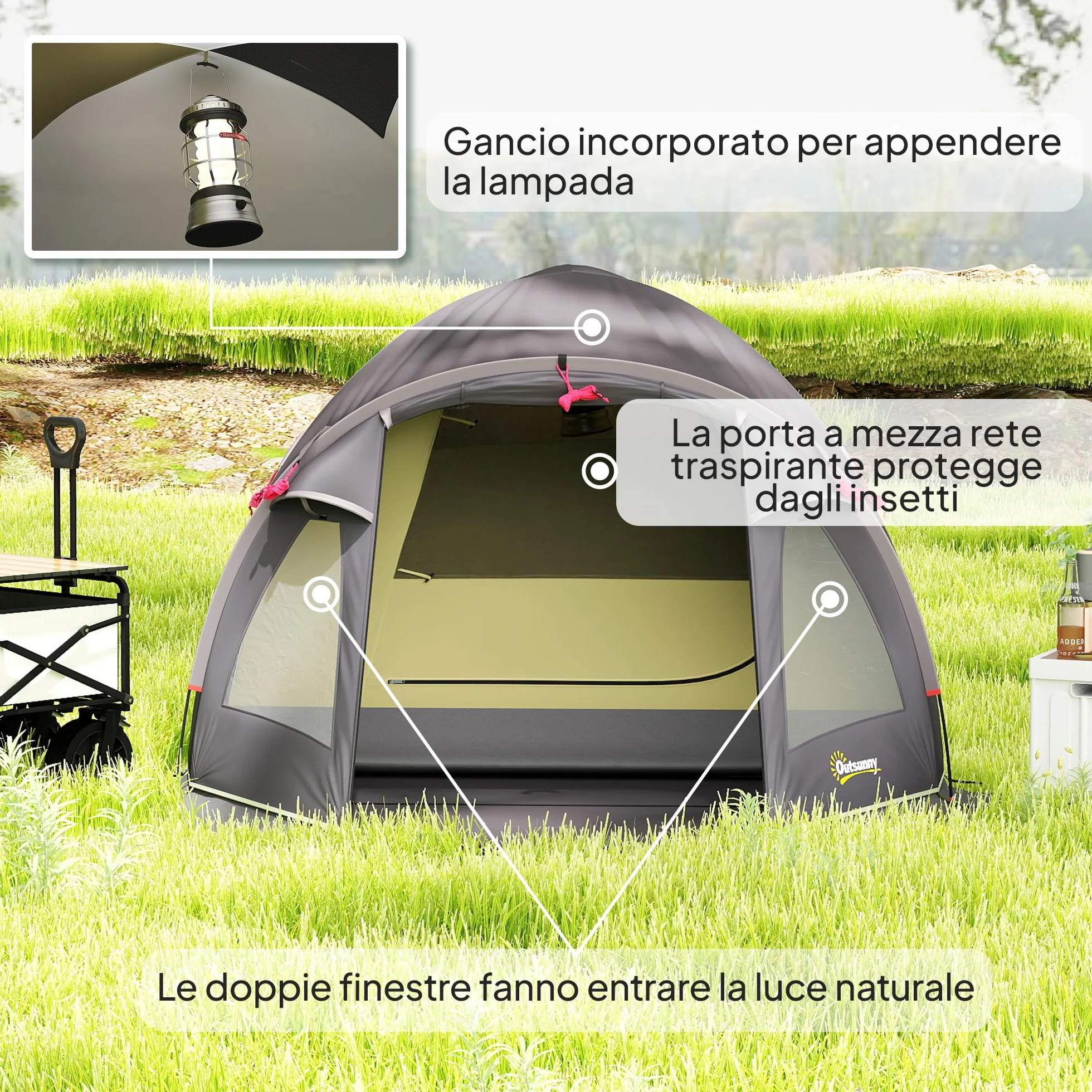 Outsunny Tenda da Campeggio a Tunnel per 2 Persone 2 Stanze Impermeabile 3000mm 330x190x120 cm Nero