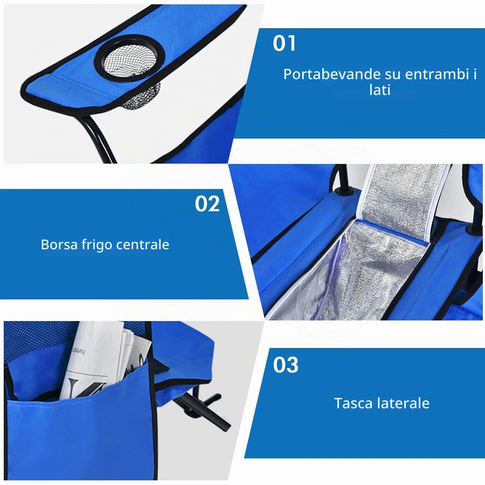 KOMFOTTEU Sedia Pieghevole da Campeggio Doppia, 2 Sedie da Esterno con Tettuccio Parasole Regolabile, Borsa Frigo e Portabevande (Blu)