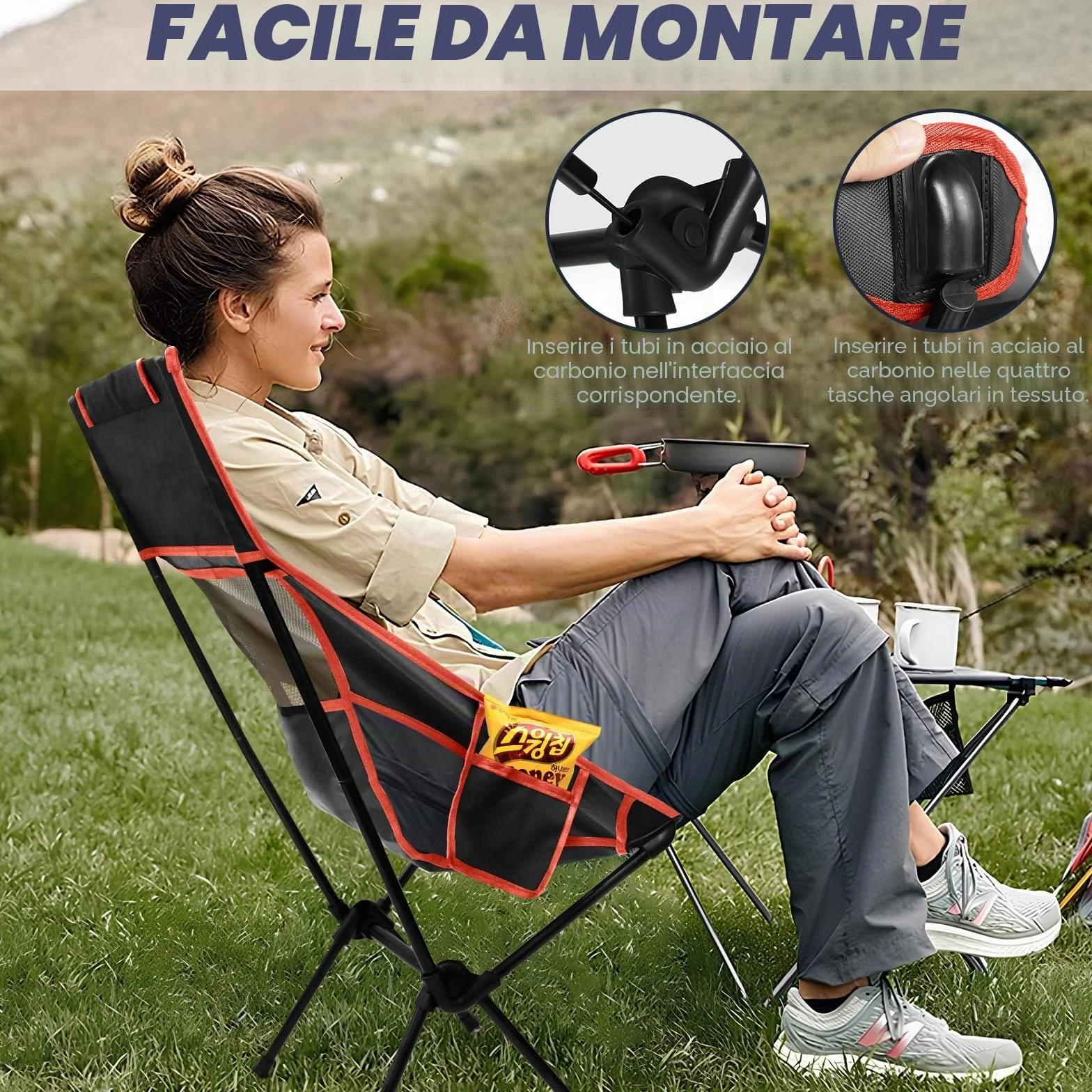 Sedia da Campeggio Pieghevole Ultraleggera 150 kg con Borsa da Trasporto Nero