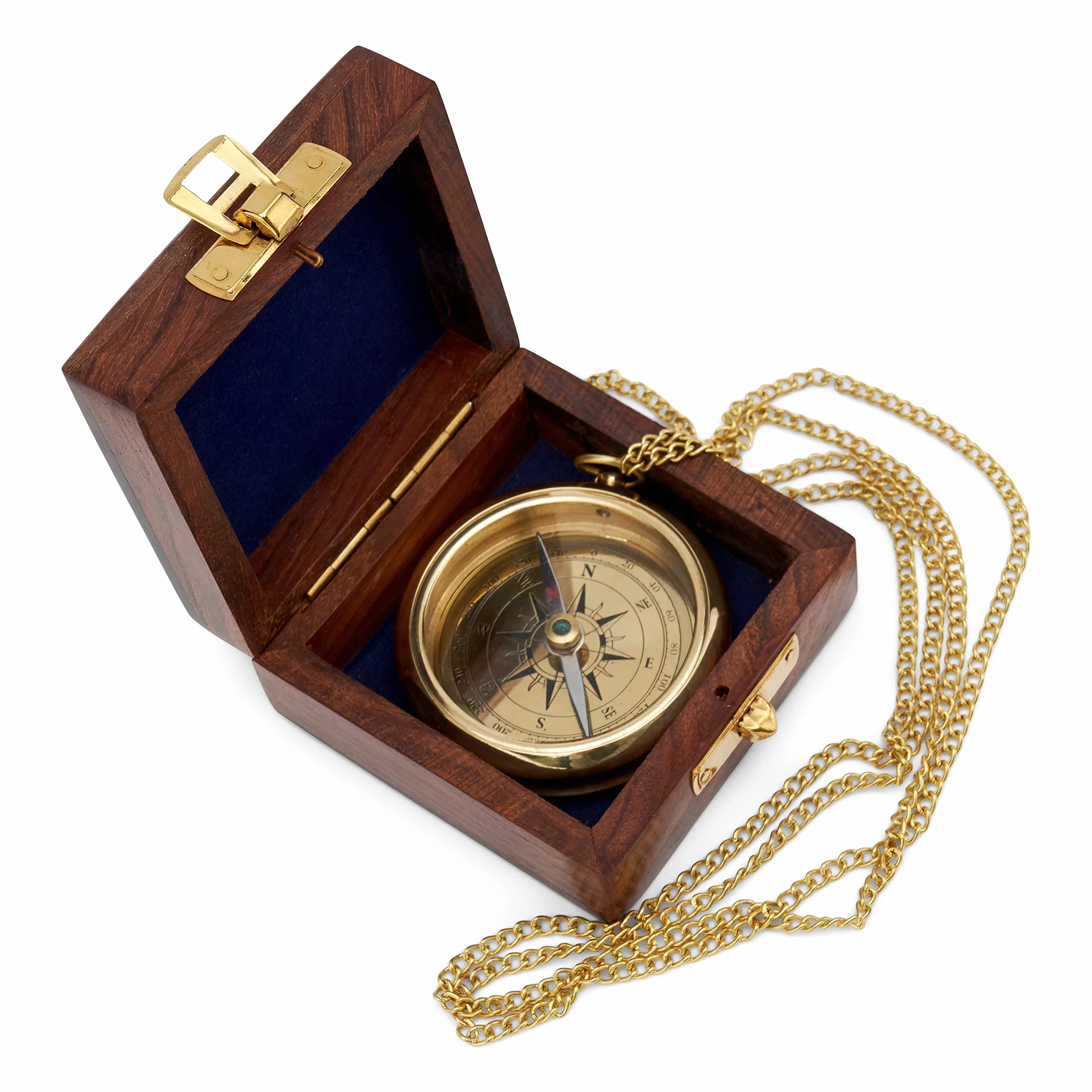 NKlaus Maritim Bussola 6cm Incisione Ancora Catena Scatola Legno Ottone Dorato