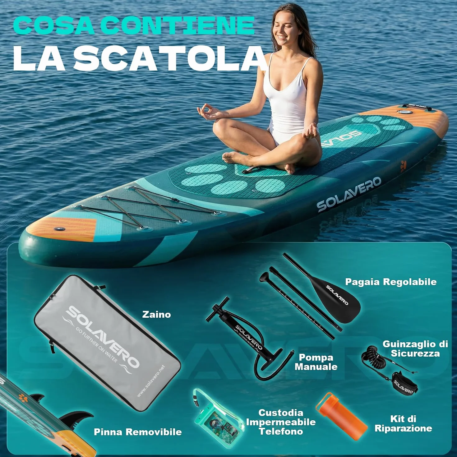SOLAVERO Tavola da Sup Gonfiabile 323x83x15 cm Antiscivolo EVA Pagaia Regolabile 3 Pinne Fino a 200kg