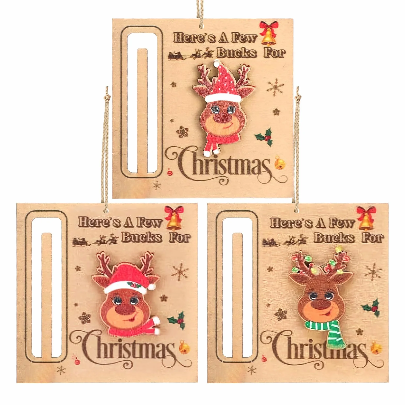 Portasoldi Natalizi in Legno 3 Pezzi Ornamenti Decorativi a Clip per Denaro per Albero di Natale
