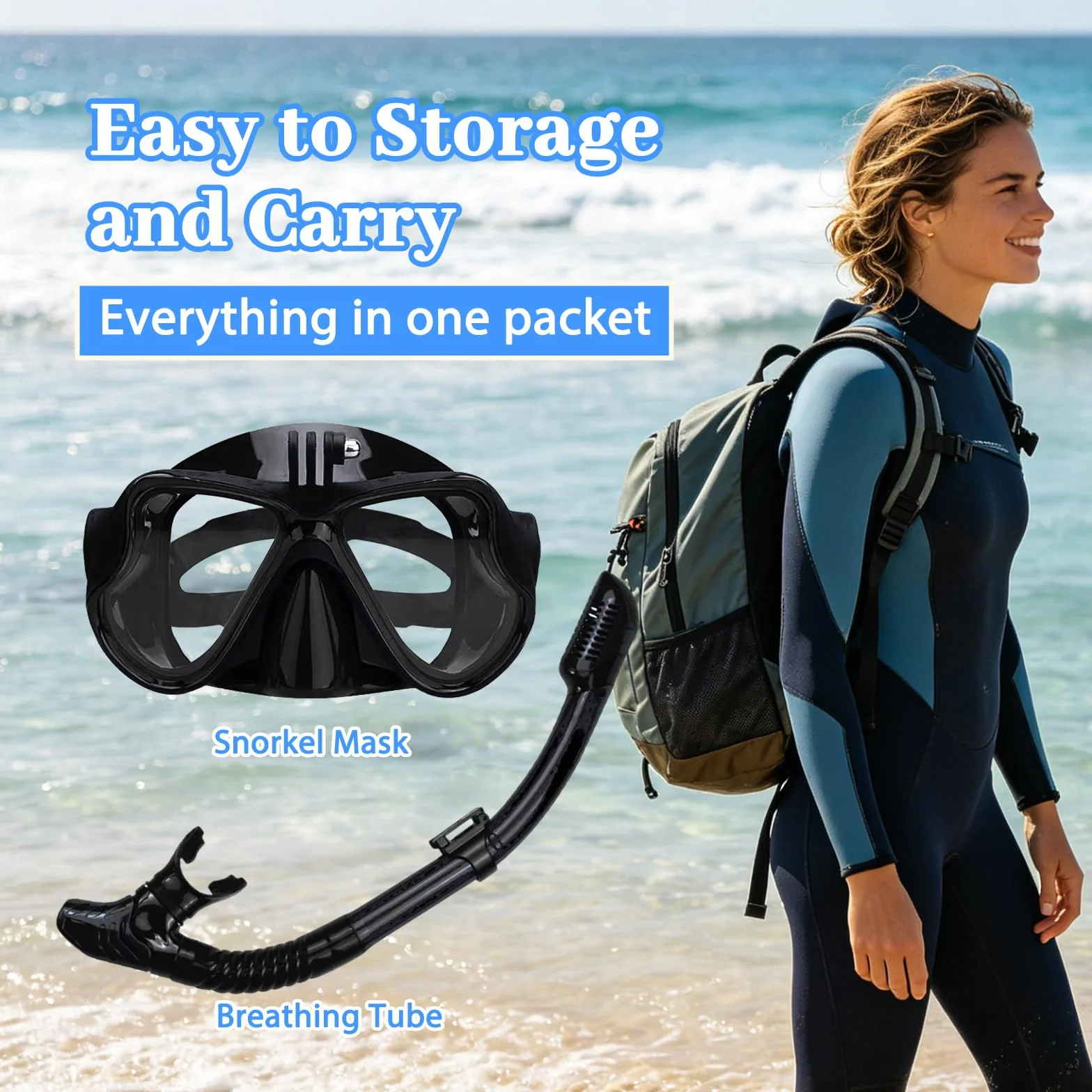 Maschera Snorkeling Subacquea Adulti con Supporto Fotocamera, Panoramica 180° Anti-Appannamento Vetro Temperato