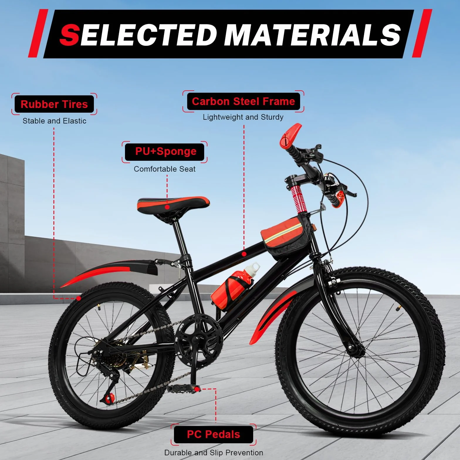 Mountain bike 20 pollici bambini telaio acciaio carbonio parafanghi doppio freno rossa campanello 85 kg