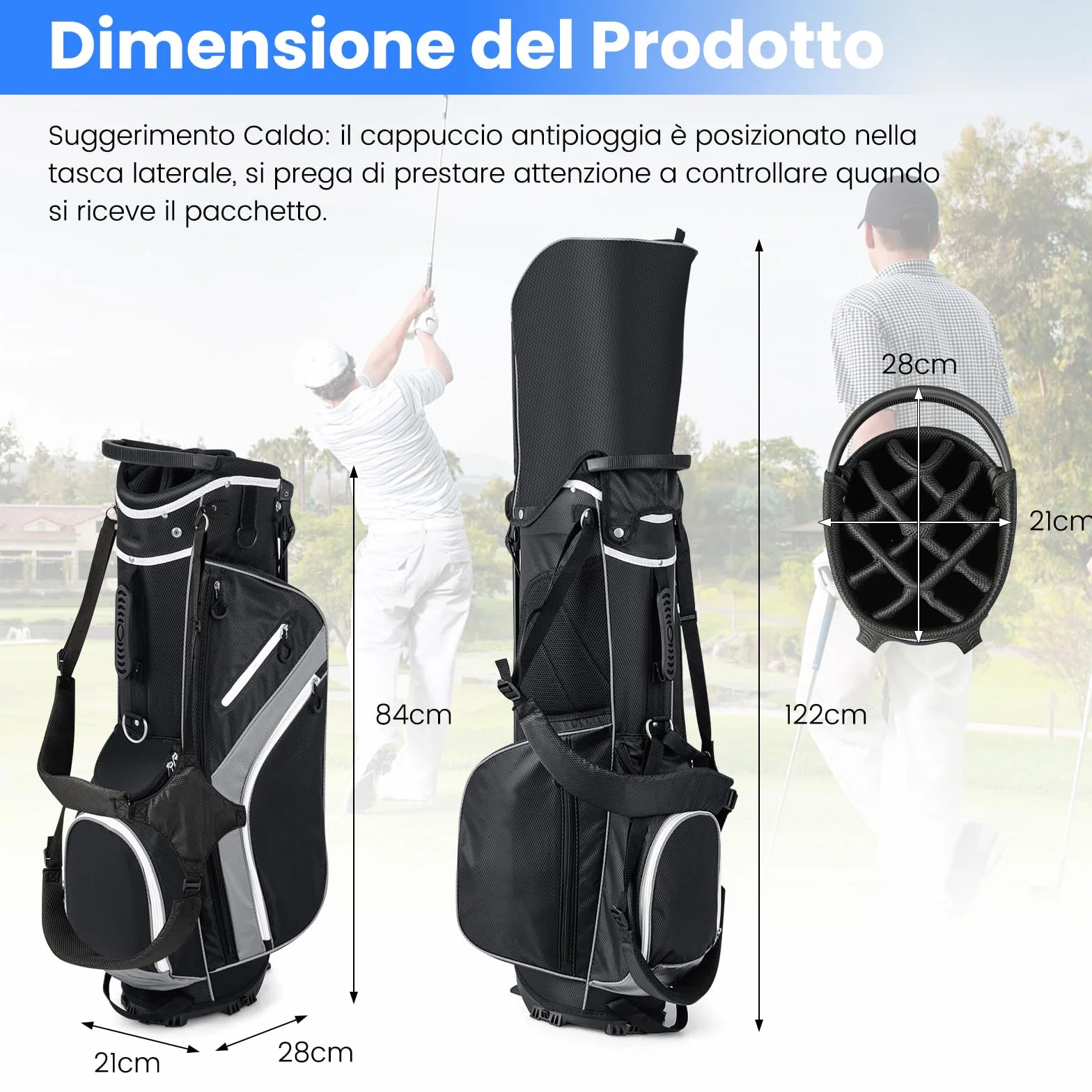 COSTWAY Borsa da Golf con Supporto, Divisori a 14 Vie, 6 Tasche, Borsa Frigo, Doppia Tracolla e Cappuccio Antipioggia
