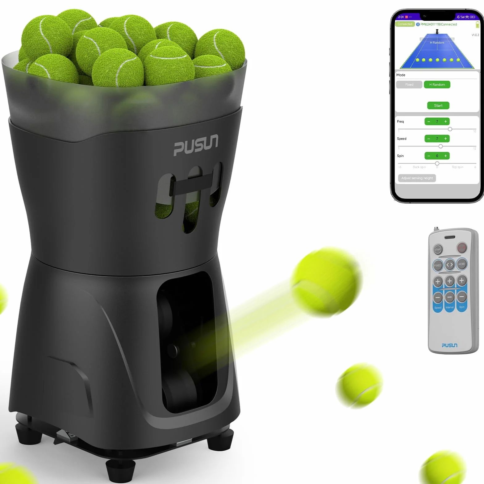 PUSUN PT-Mini PRO Macchina Lanciapalle Tennis Compatta 65+ Palline 8-60 km/h Batteria 3-5 Ore App