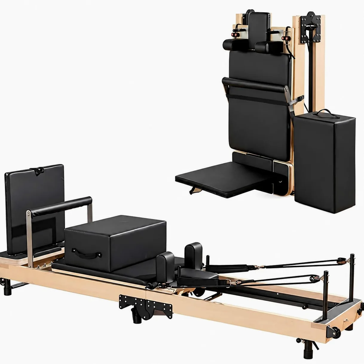Reformer F1 – Macchina Pilates Pieghevole Professionale per Casa e Studio, in Legno d’Acero Nero, con Molle e Accessori Completi