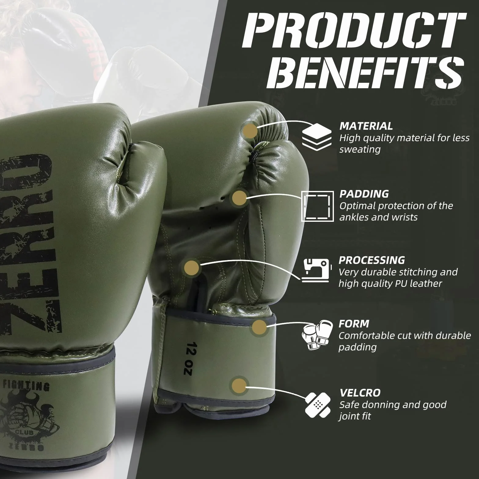 ZERRO Guantoni da Boxe in Pelle PU 12 14oz per Allenamento e Sparring Muay Thai Kickboxing
