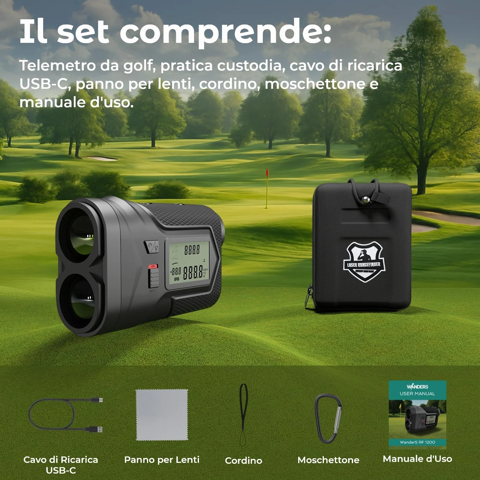 Telemetro Golf 1097M con Pendenza e Blocco Bandiera di WanderS – Telemetro Laser USB-C Ricaricabile, Vibrazione, Ingrandimento 6X, Modalità Torneo, Display Laterale – Accessorio Golf Uomo
