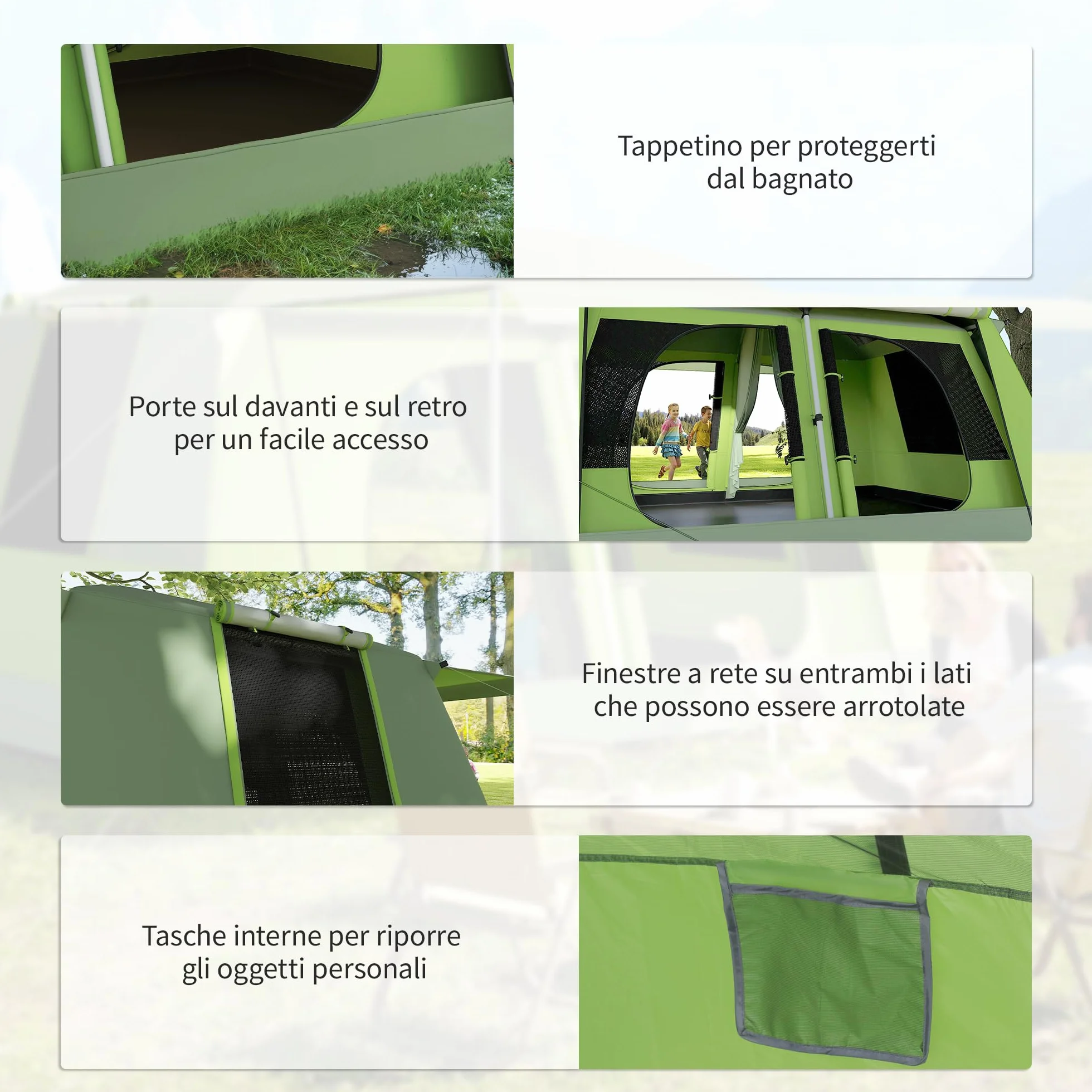 Outsunny Tenda da Campeggio a Tunnel 4 Persone 2 Stanze Impermeabile 3000mm 405x305x225cm Verde