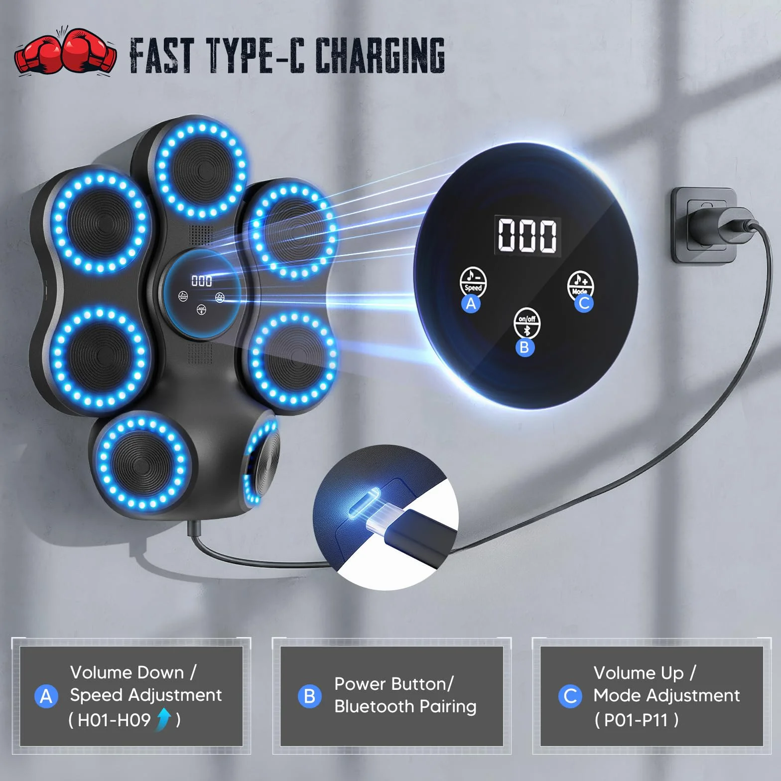 Music Boxing Machine, Pungiball Elettrico con Bluetooth&Schermo LED, 9 Velocità Regolabili,11 Modalità di Allenamento, Pad da Pugilato a Parete, Attrezzatura Fitness Intelligente per Adulti e Bambini