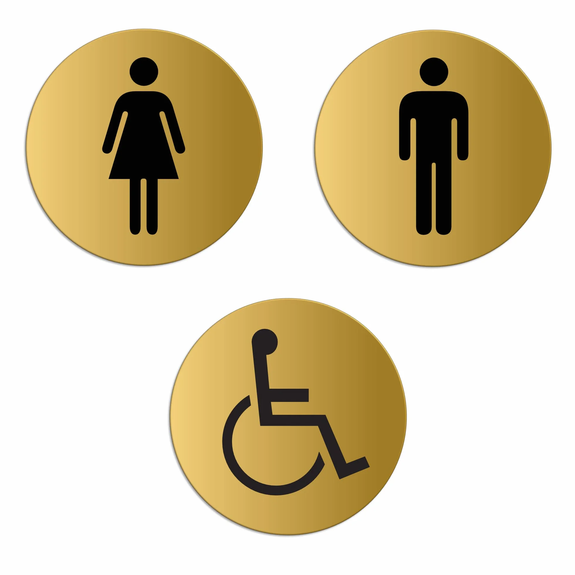 Targhette Toilette WC Donne Uomini Handicap Set di 3 Targa Ø 75 mm color oro auto-adhesiva
