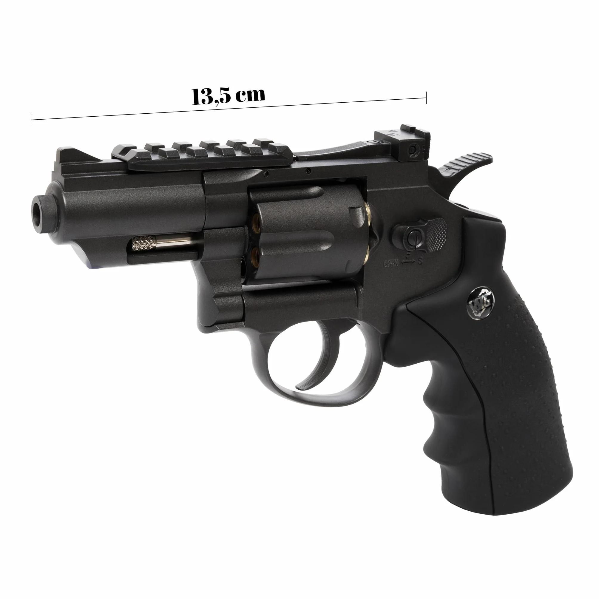 Pistola Softair Revolver a Pallini 6mm, 0,9 Joule, 34x12,5 cm, 5 Bombolette CO2, 1000 Pallini, Caricatore, 6 Bossoli