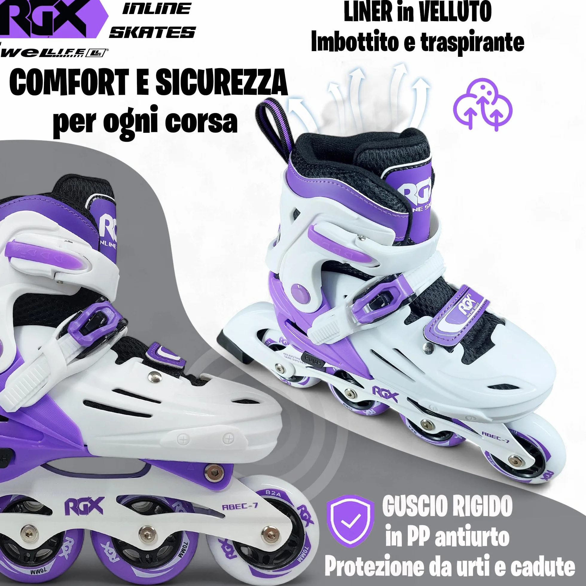 WeLLIFE RGX Line Pattini in Linea Bambina e Bambino Regolabili 4 Misure, Doppia Configurazione Ruote, Guscio Rigido, Piastra Alluminio, Cuscinetti ABEC-7