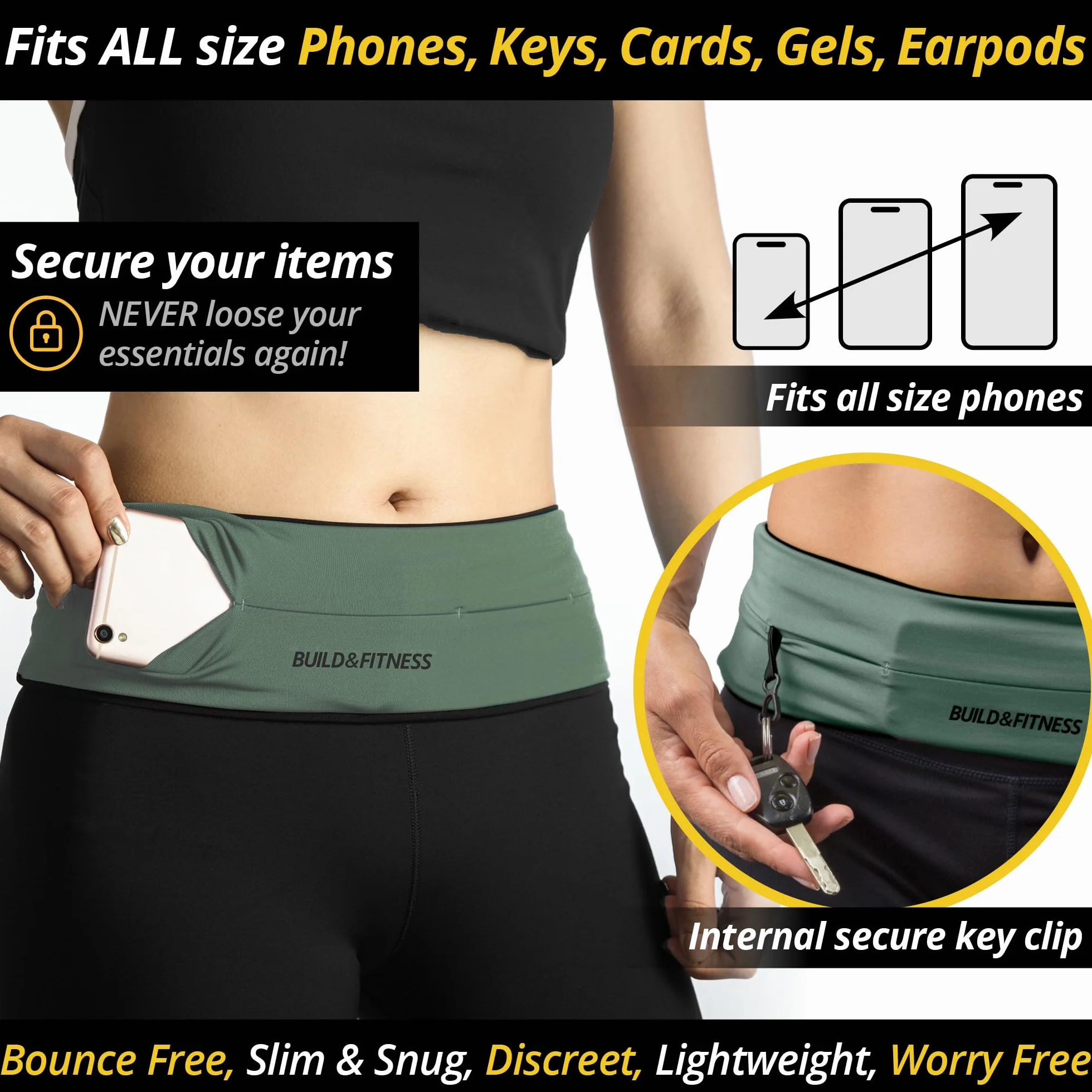 Cintura da corsa Build & Fitness con cerniera, portachiavi, porta telefono, marsupio unisex