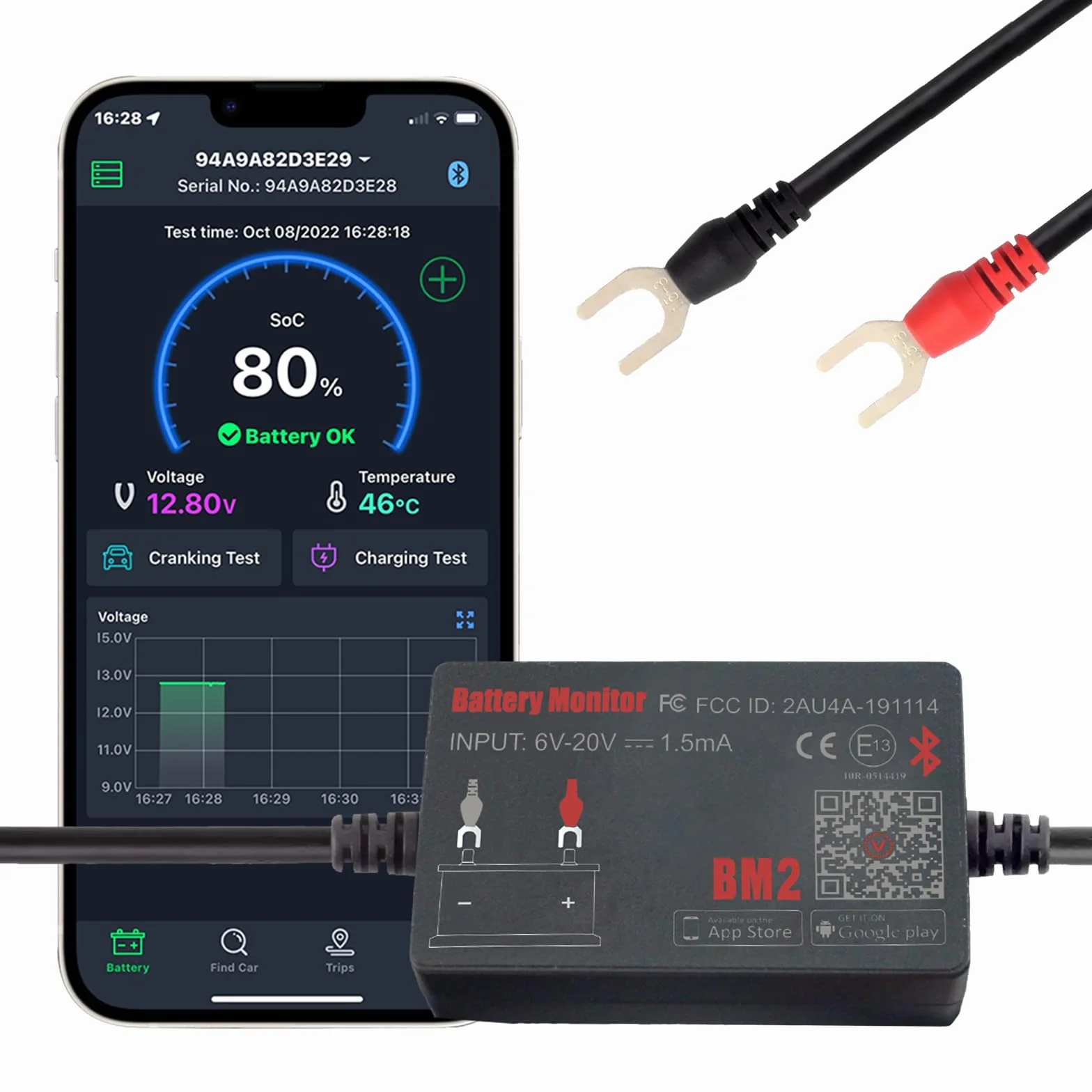 Monitor Batteria Bluetooth 4.0 Wireless Battery Tester, Car Charging Start e Alarm System Monitor Analizzatore Batteria Digitale Adatto a 12V Sistemi Solari Moto Barche Auto Compatibili Android iOS