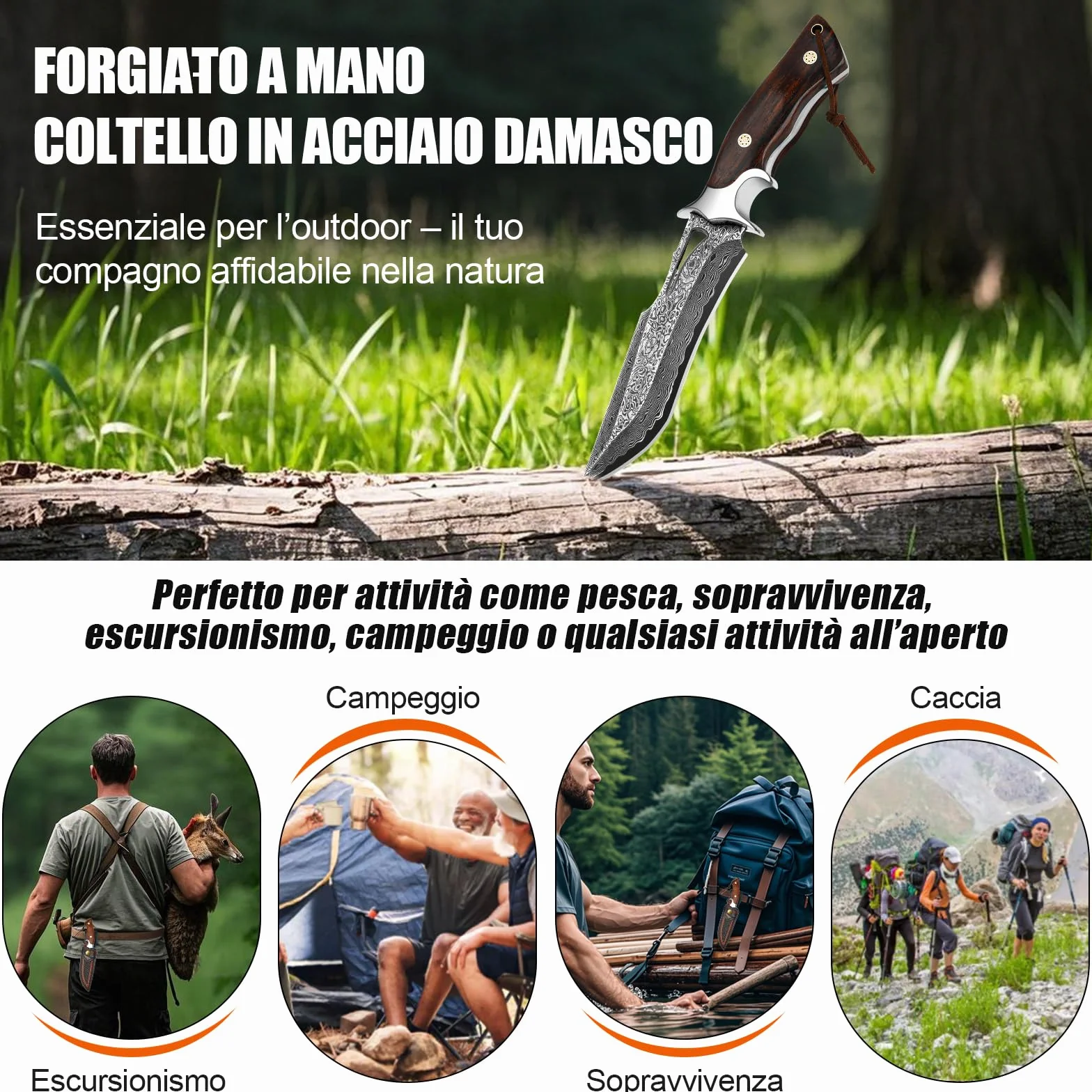 Coltello Outdoor in Acciaio Damasco 26,4 cm con Fodero, Lama Fissa Artigianale VG10, Manico in Legno, per Camping, Bushcraft e Attività all’Aperto