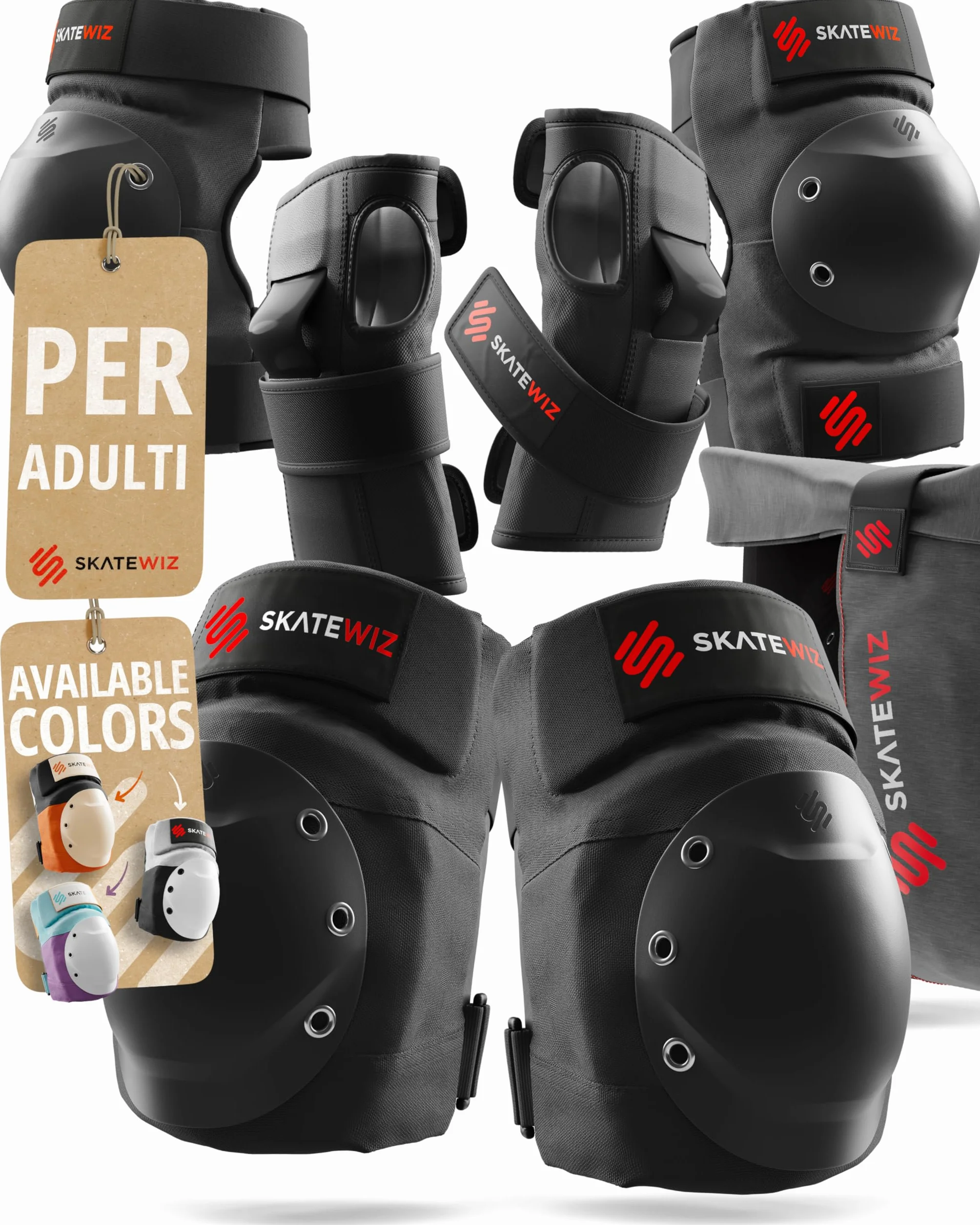 SKATEWIZ Protezioni Skateboard Adulto - Protezioni Pattini Adulto - Linea, Skateboard, BMX, Pattini a 4 Ruote - Ginocchiere Bambini - SHIELD Taglia L Nero