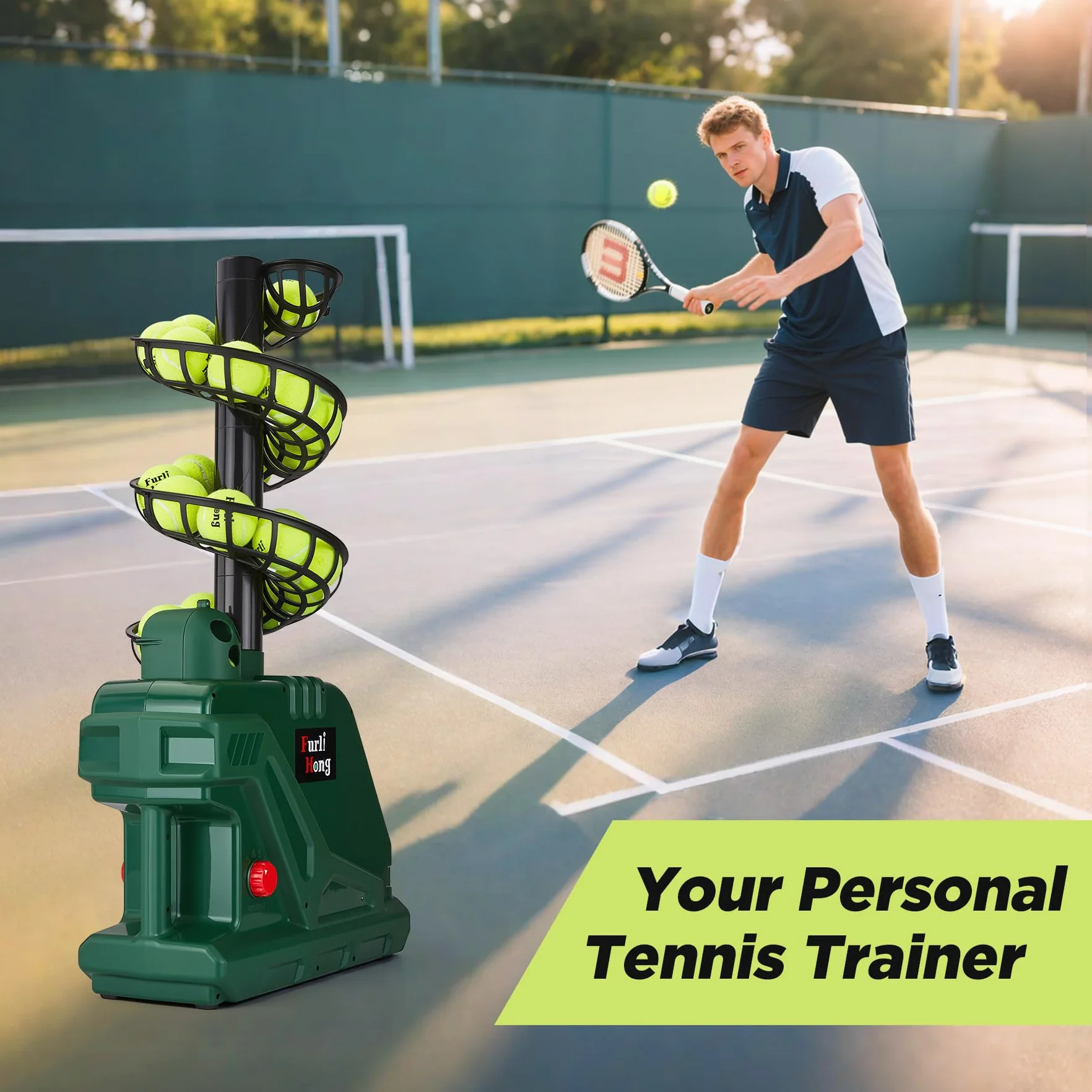 Furlihong 3819BH Macchina per pallina da tennis, 30 MPH, angolo di lancio regolabile, batteria o adattatore 12V