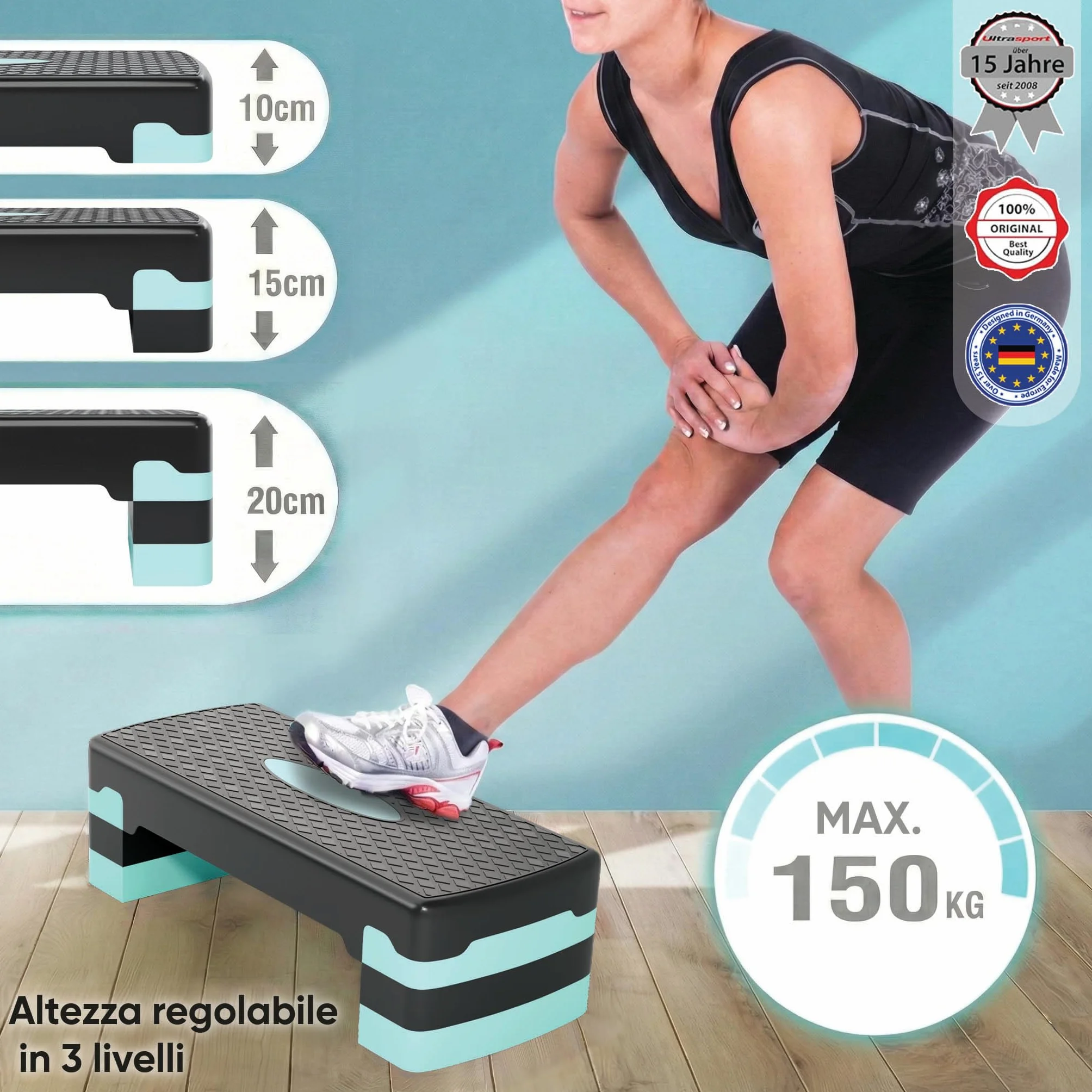 Ultrasport Step Fitness Aerobica Stepper Casa Antiscivolo Regolabile 3 Altezze Stepboard 68x28 cm Blu