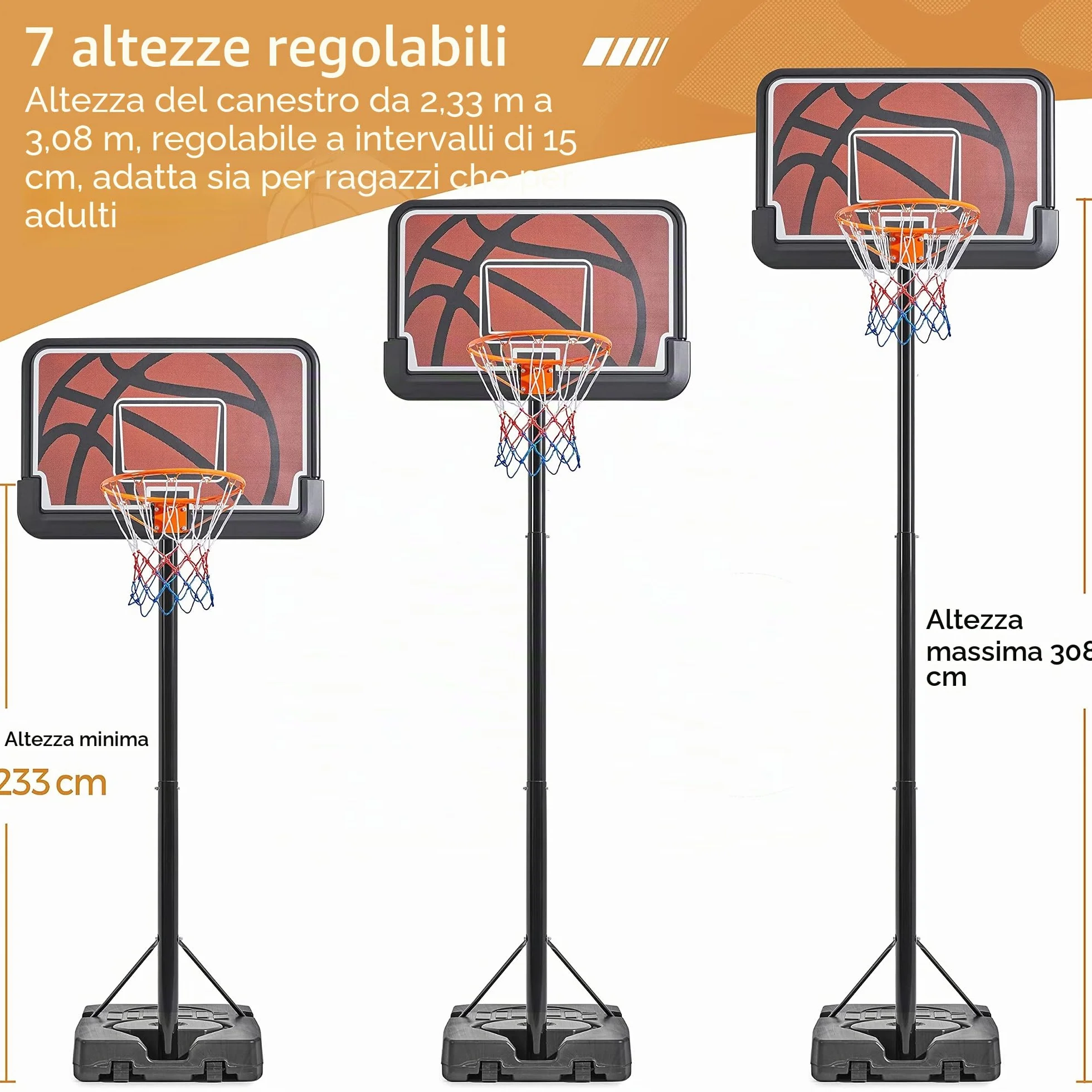 Yaheetech Canestro da Basket Regolabile 233-308 cm HDPE Metallo Interno Esterno Nero Arancione