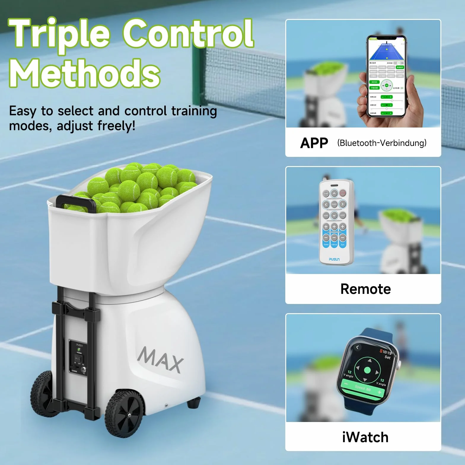 PUSUN PT-Max C Lanciatore di palline da tennis, capacità 145+ palline, doppia app e telecomando, 28 modalità di allenamento, nero